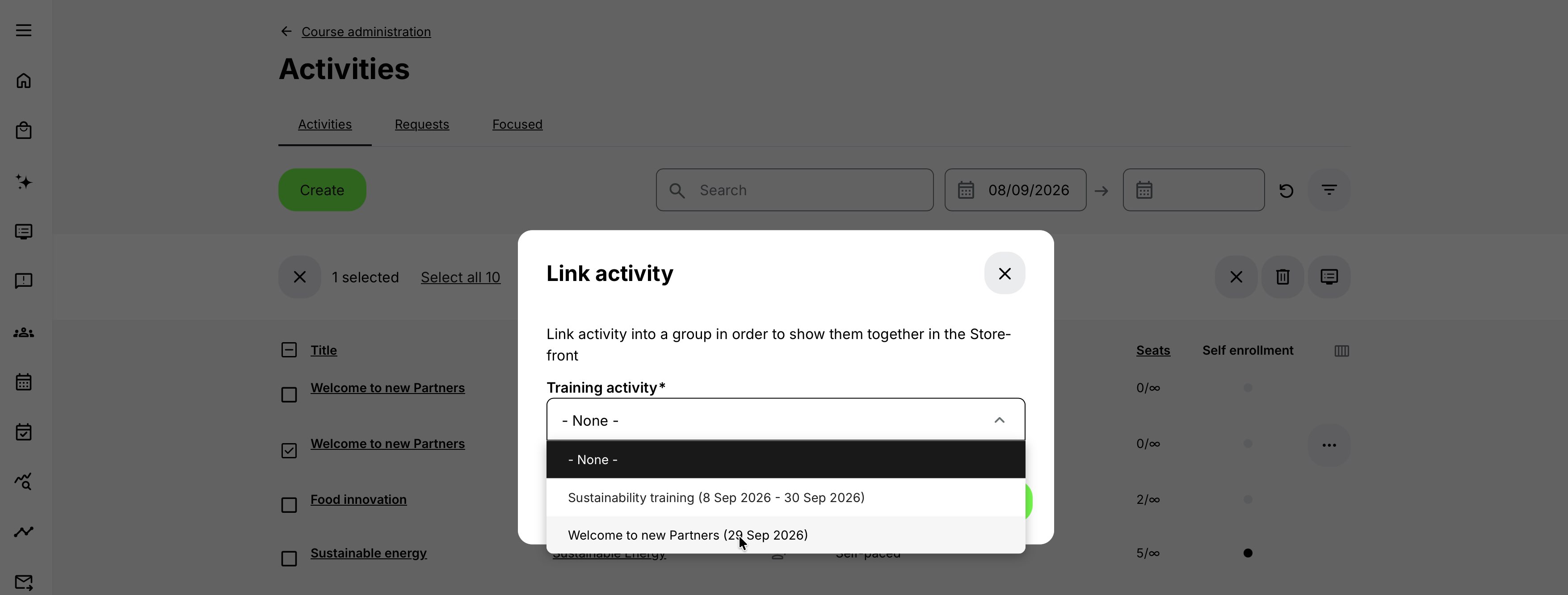 Select a Training Activity to connect it with another. This becomes the linked group.
