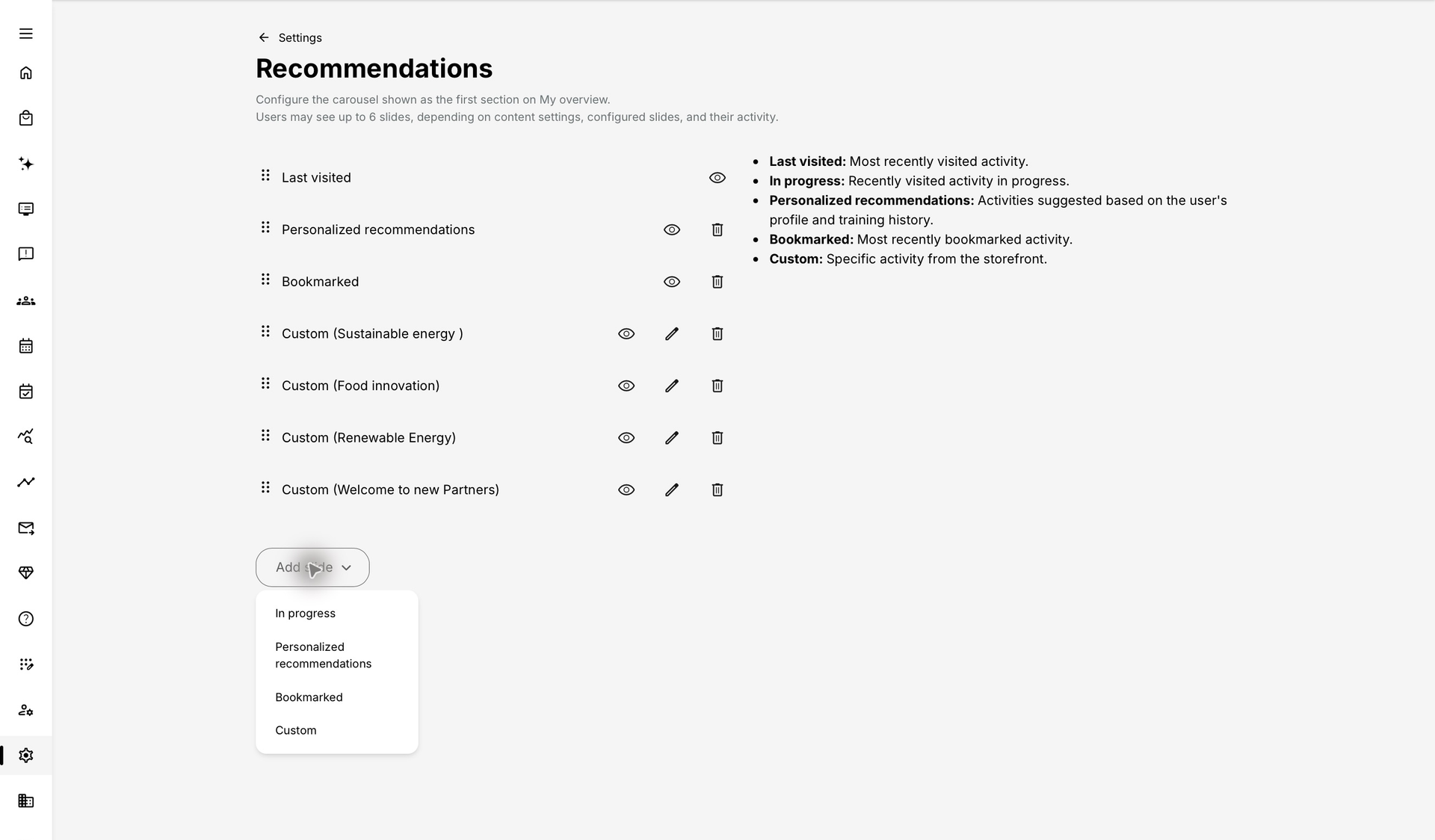 The Add slide menu offers In progress, Personalized recommendations, Bookmarked and Custom in the Recommendations settings page.