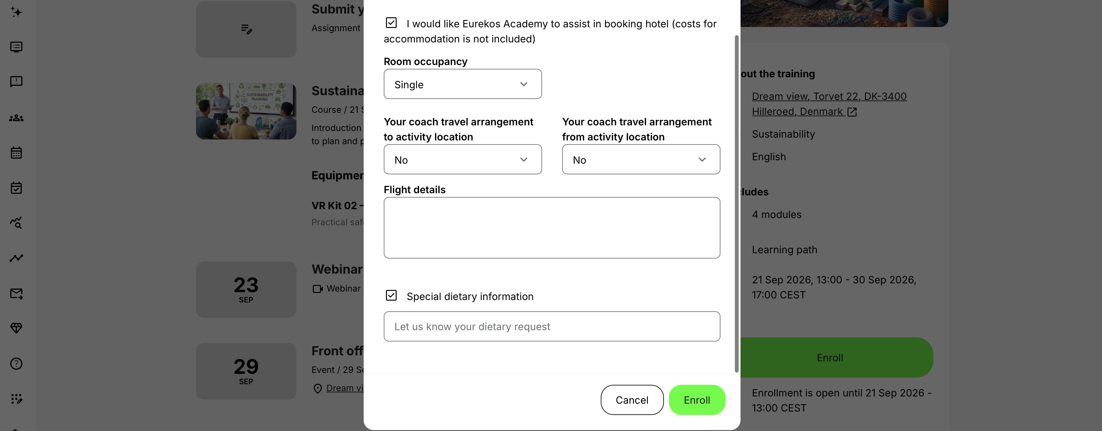When hotel-booking assistance is selected, the participant can provide room, transfer, and flight information according to the activity’s enabled options.