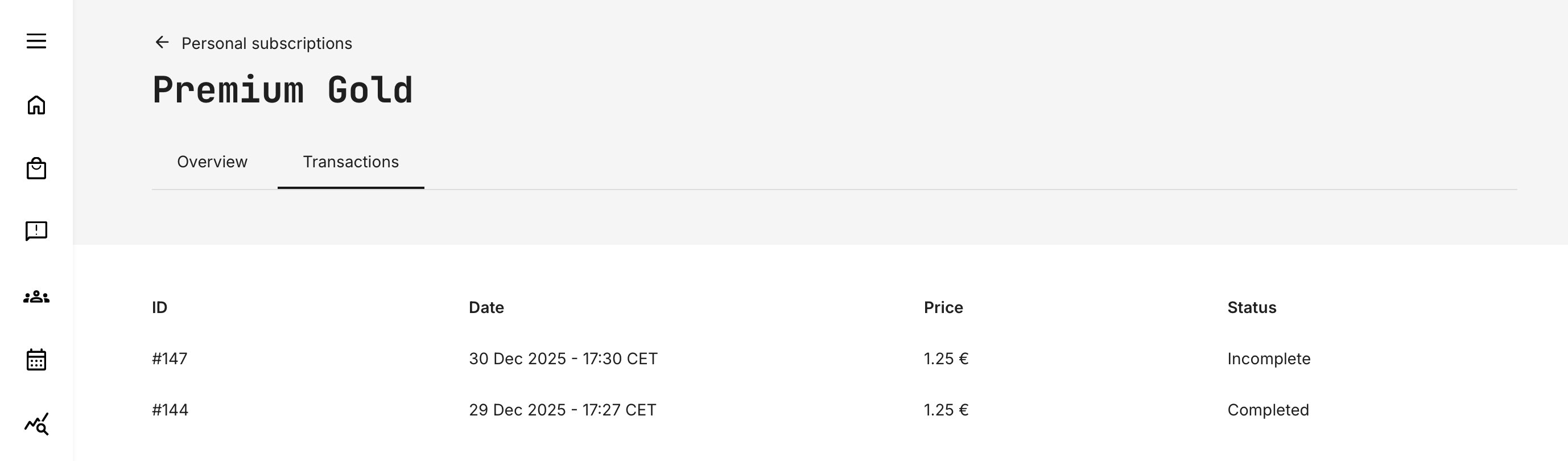 Transaction status for failed payment.