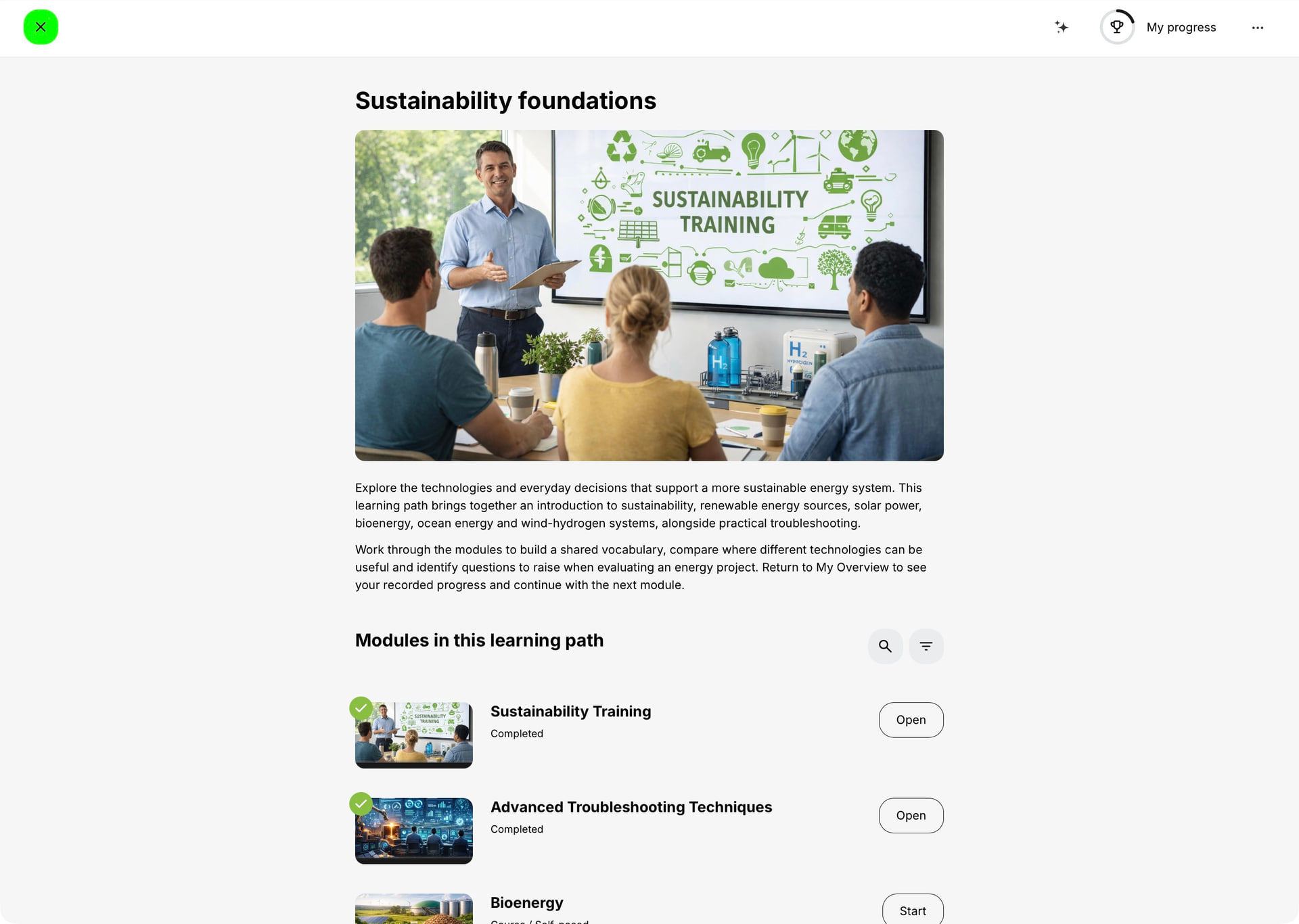 Sustainability foundations Learning Path with its description, progress control, search and filters, completed modules with Open actions and a later module with Start.