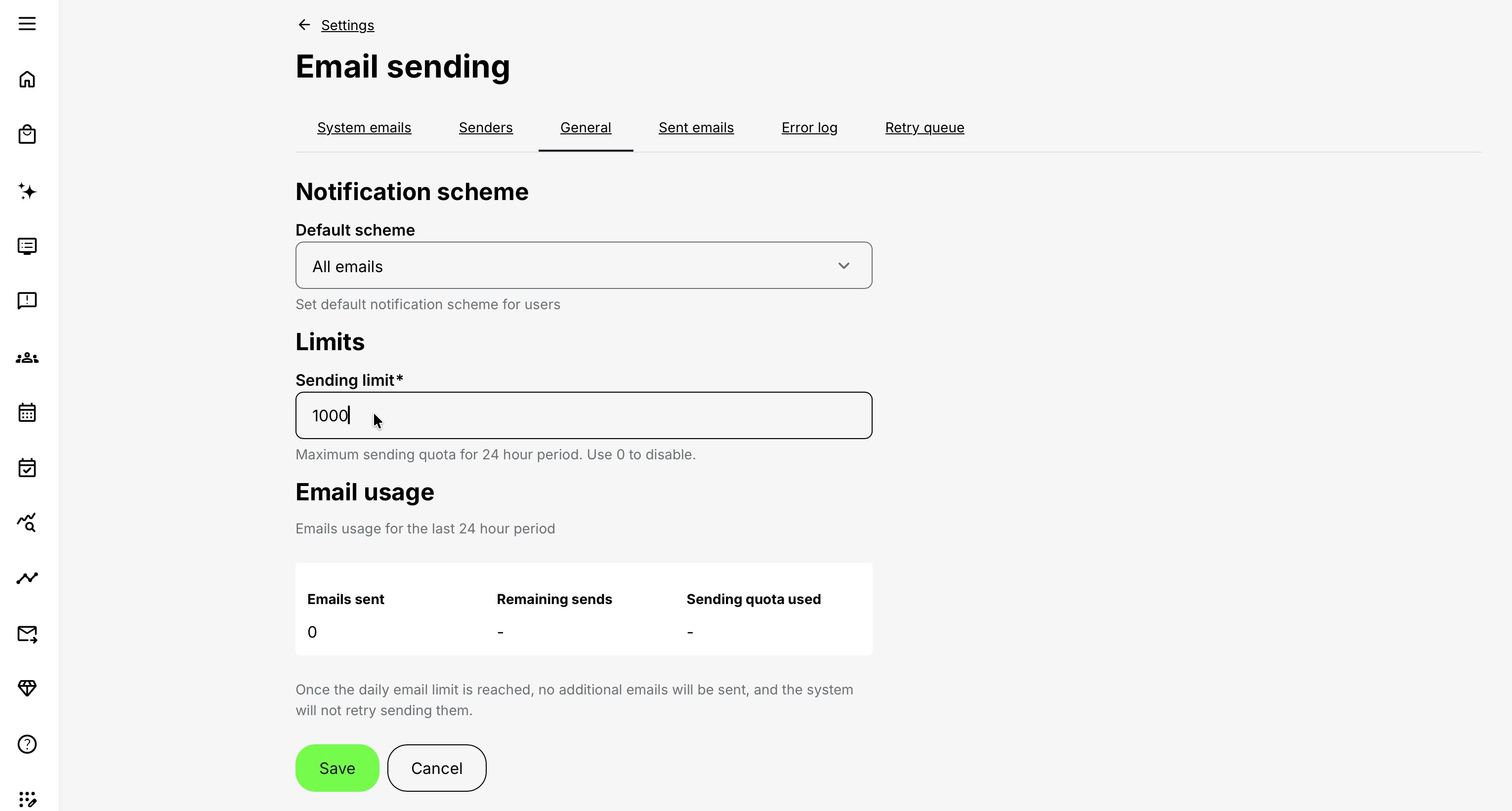 General Email Sending settings showing Default scheme, Sending limit, Emails sent, Remaining sends, and Sending quota used.