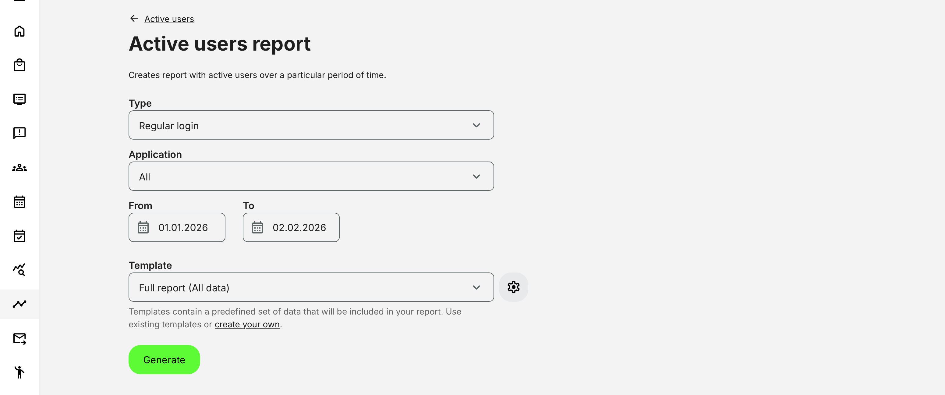 The report export option supports generating reports by login type (regular or QR code), access channel (web or mobile), selected reporting period, and configurable export templates.