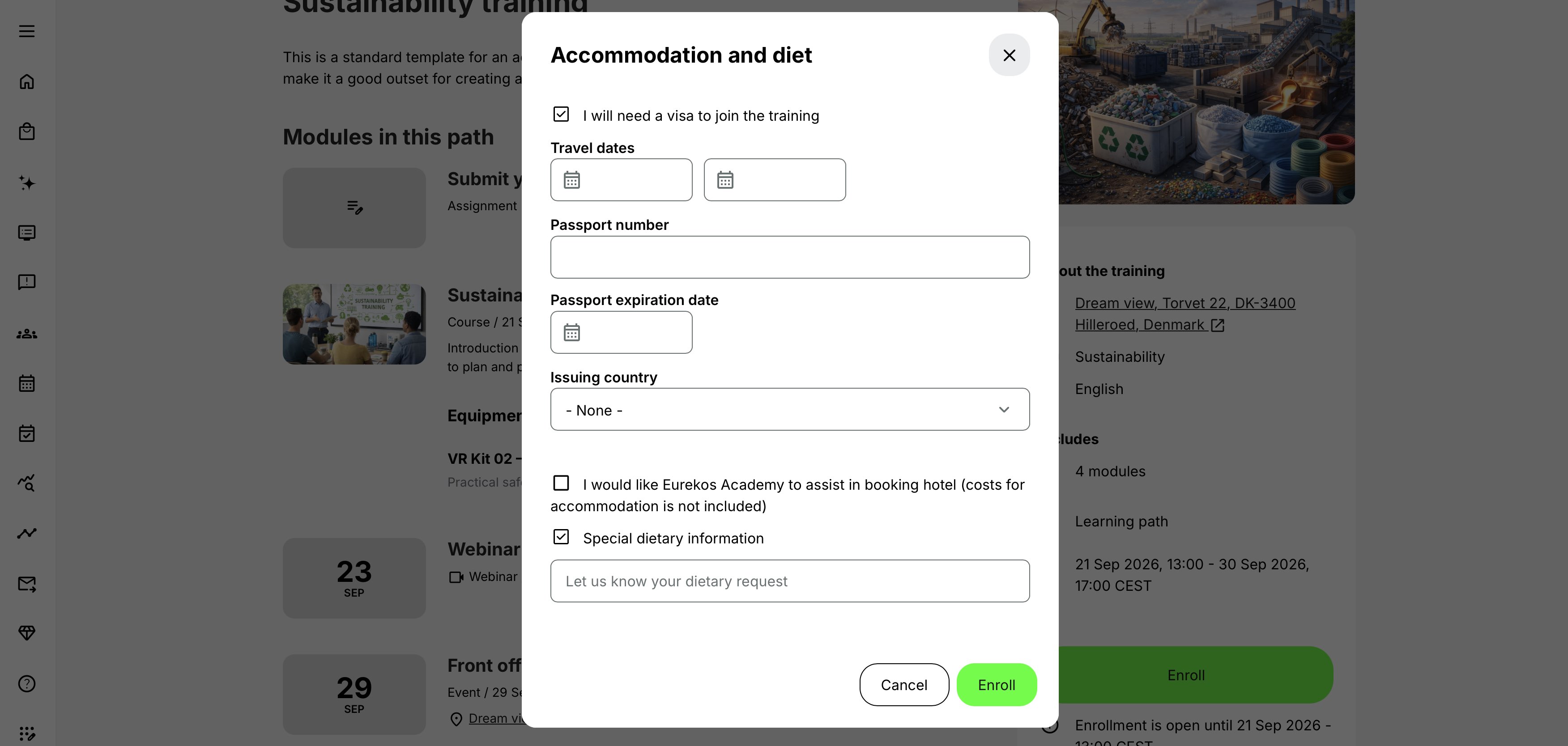 The enrollment popup displays the predefined sections enabled for the Training Activity. Additional questions appear when the participant selects the relevant service.