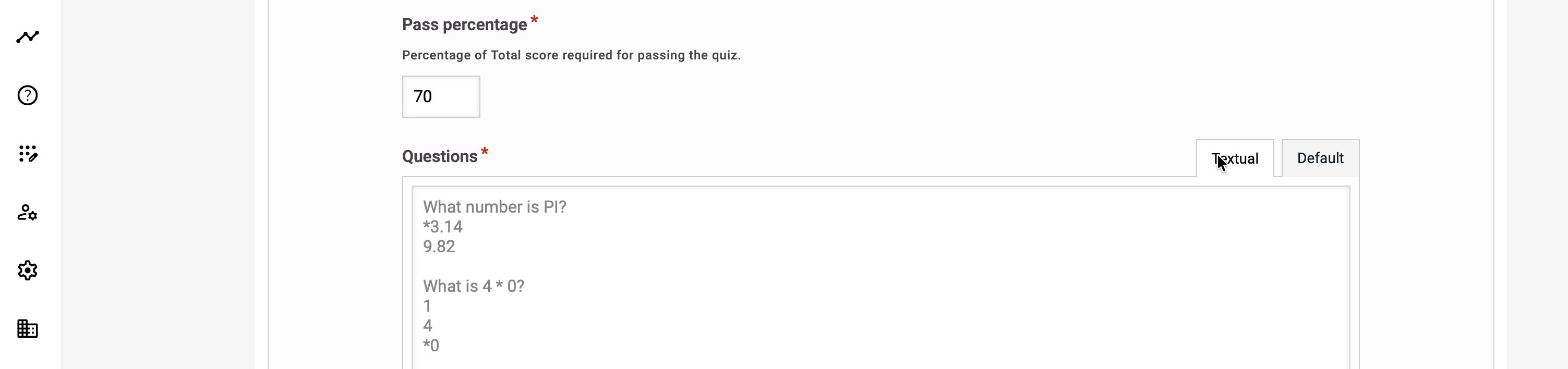 Question Set Textual editor containing multiple questions and answer alternatives, with correct alternatives marked by an asterisk and blank lines separating the questions.