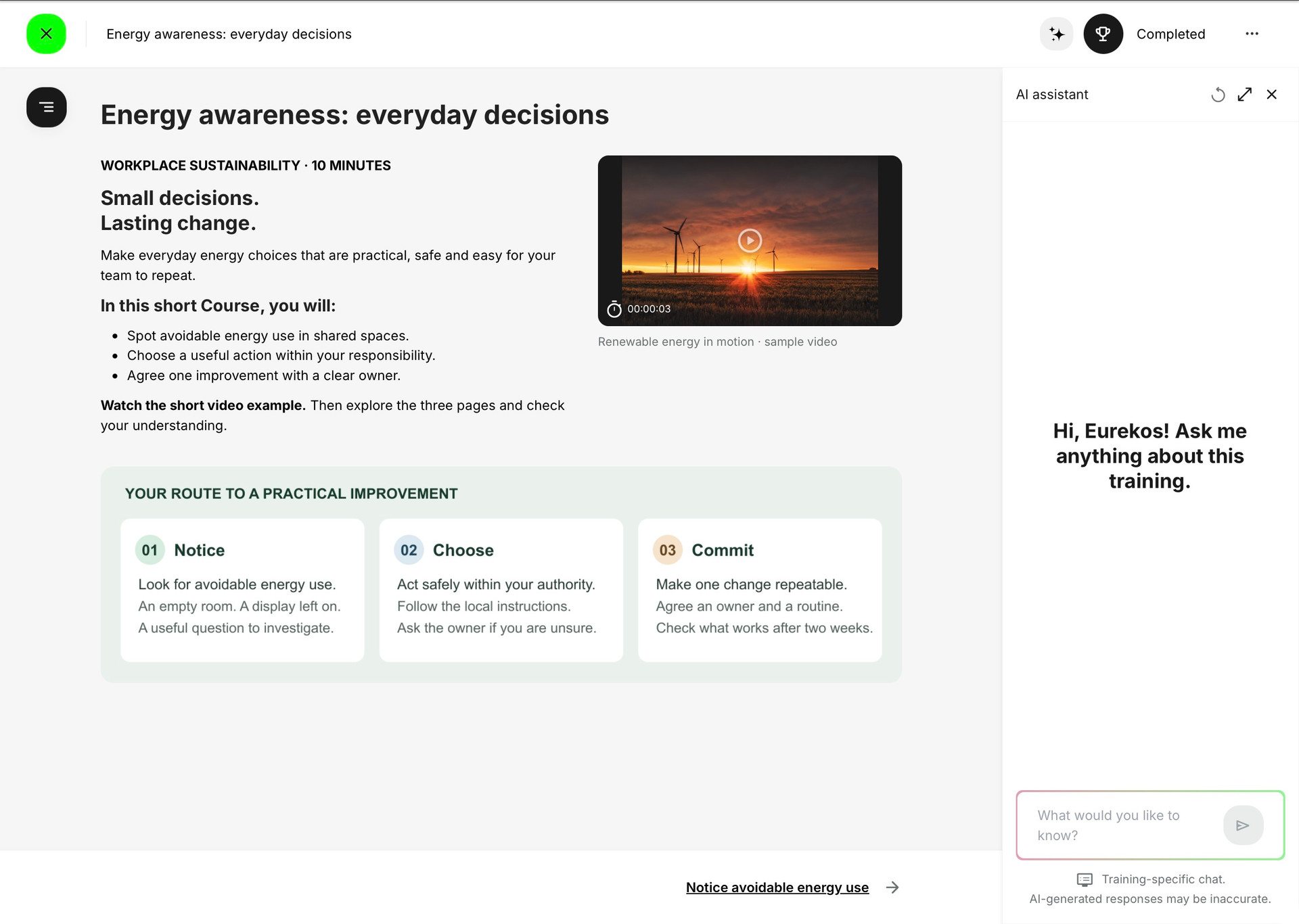 Training-specific Saga sidebar beside a designed sustainability Course introduction with a native video and infographic. The Course outline is collapsed and the assistant question field is empty.