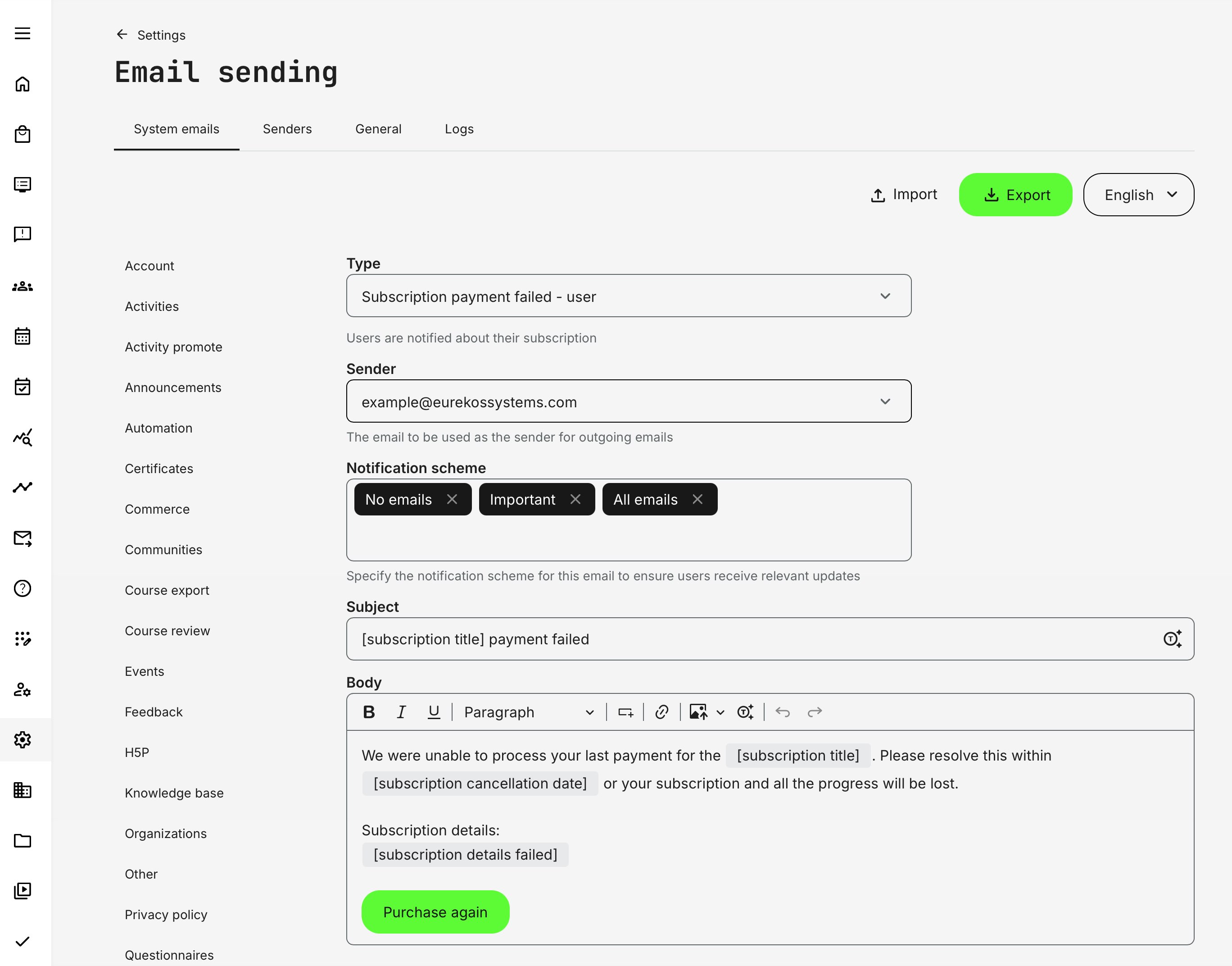 Email to subscription owner upon failed payment.
