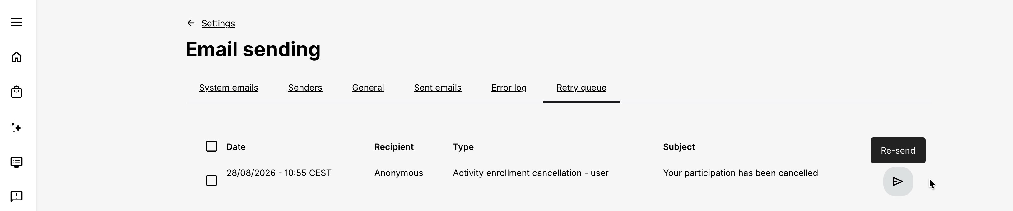 Retry queue showing failed email records, recipient, type, subject, selection controls, and resend action.