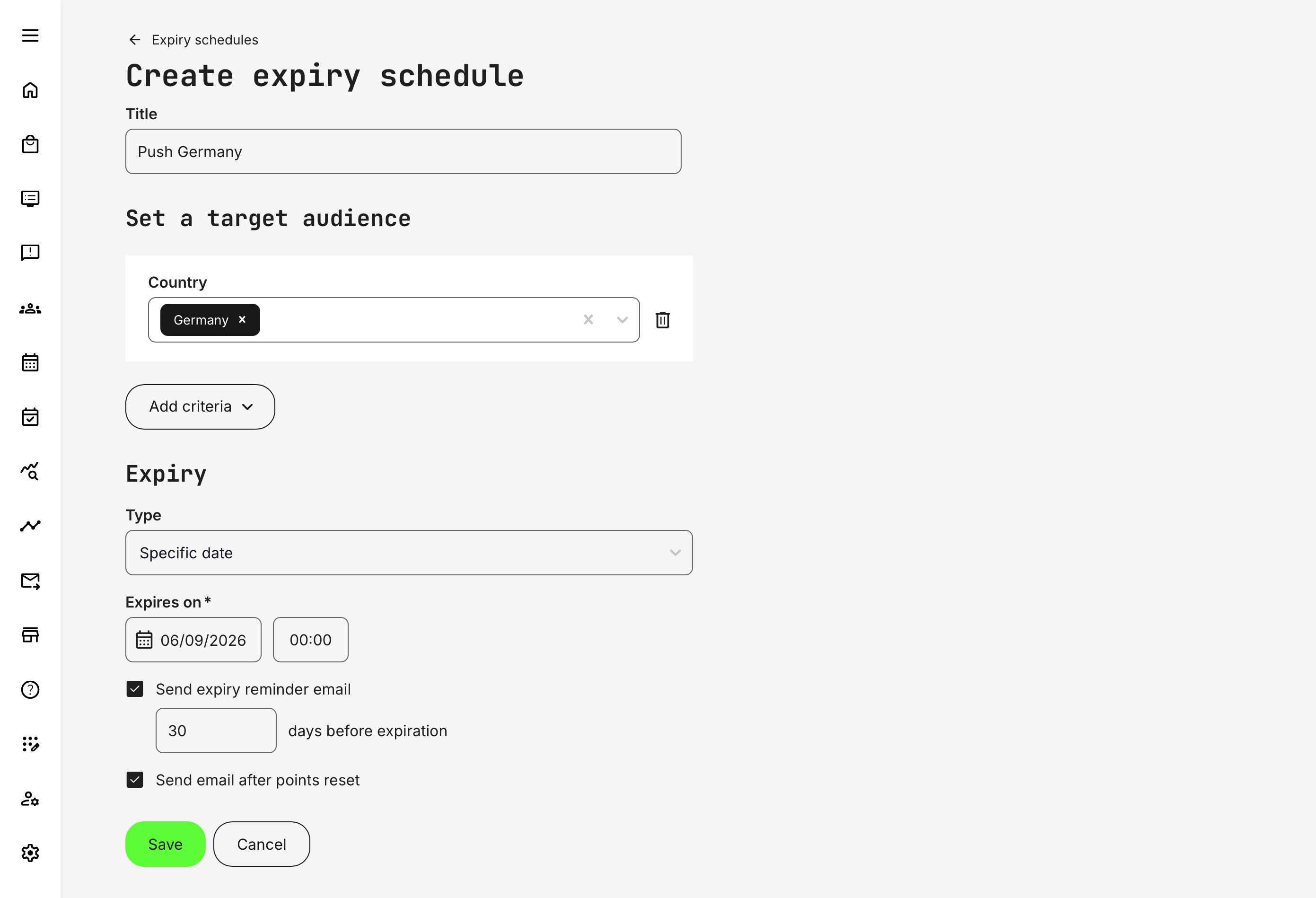 Example of configuring expiry rules for defined target audiences, including multiple automated reminder options to maintain engagement and proactively prompt learners before points reset.