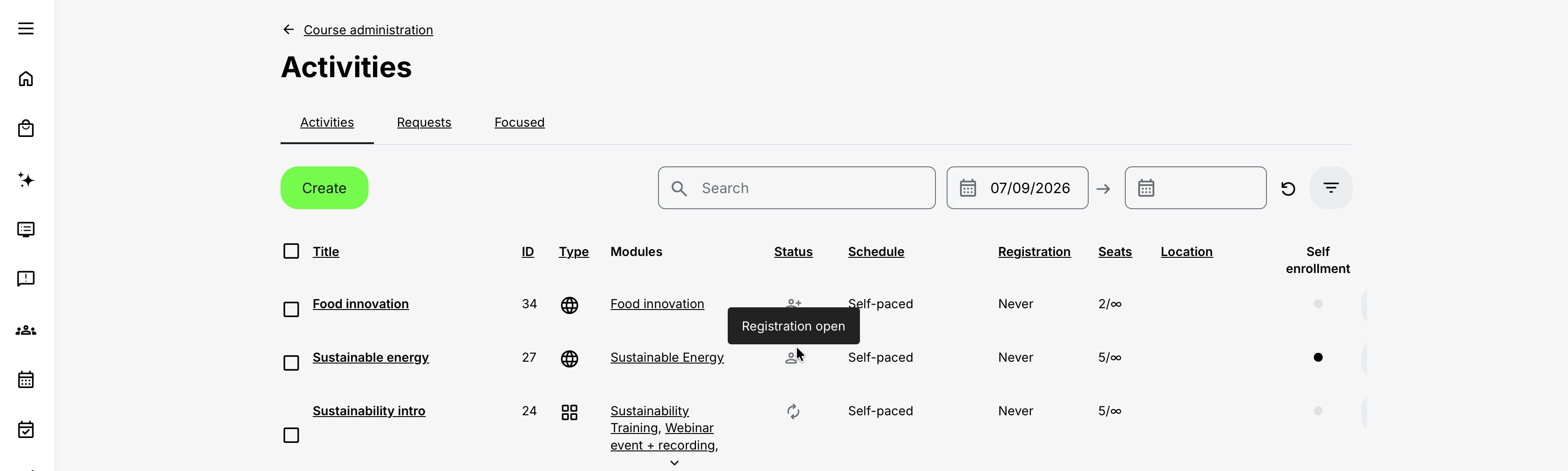 Detailed view of the Activity list.