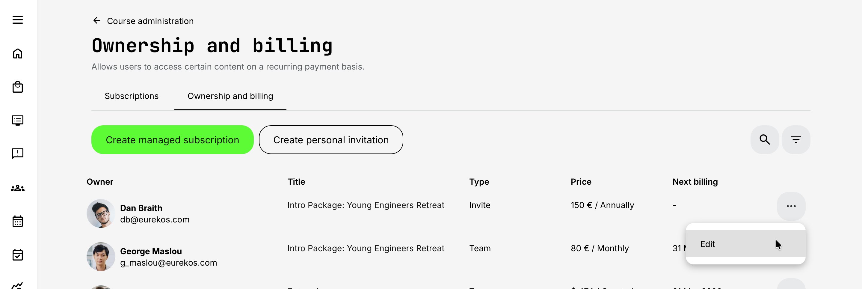 Subscriptions overview showing a personal invitation before the purchase has been completed.