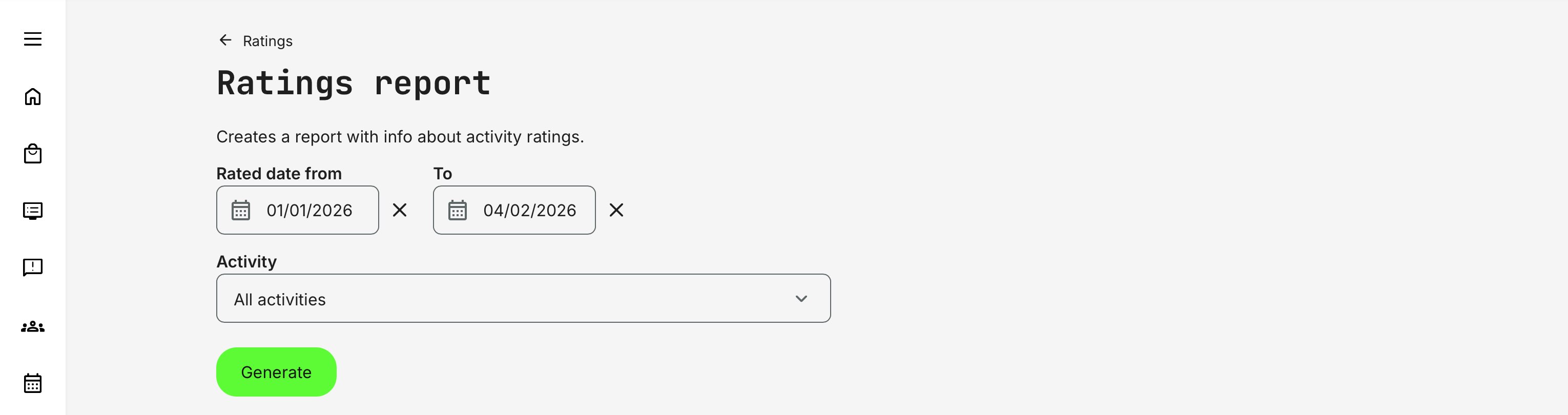 Ratings reports provide activity-level rating data for a selected period, allowing administrators to analyze all activities or compare specific ones based on their reporting needs.
