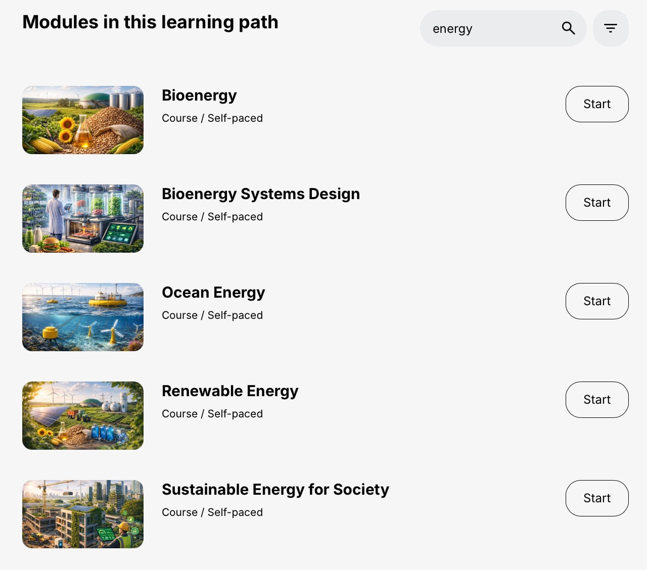 Detail of the Learning Path module list filtered by the search term energy, showing Bioenergy, Bioenergy Systems Design, Ocean Energy, Renewable Energy and Sustainable Energy for Society.