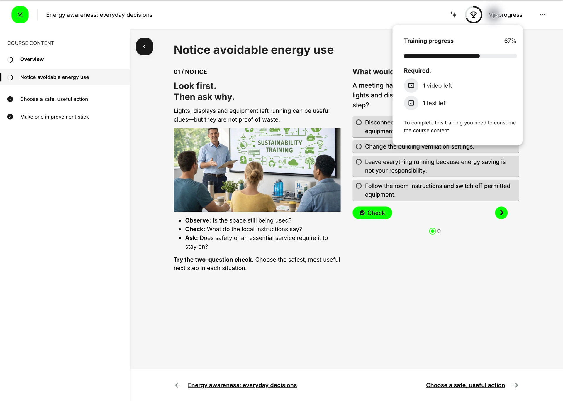 Sample sustainability Course at 67 percent with the Training progress panel showing one video and one test left, beside a lesson containing an H5P Question Set.