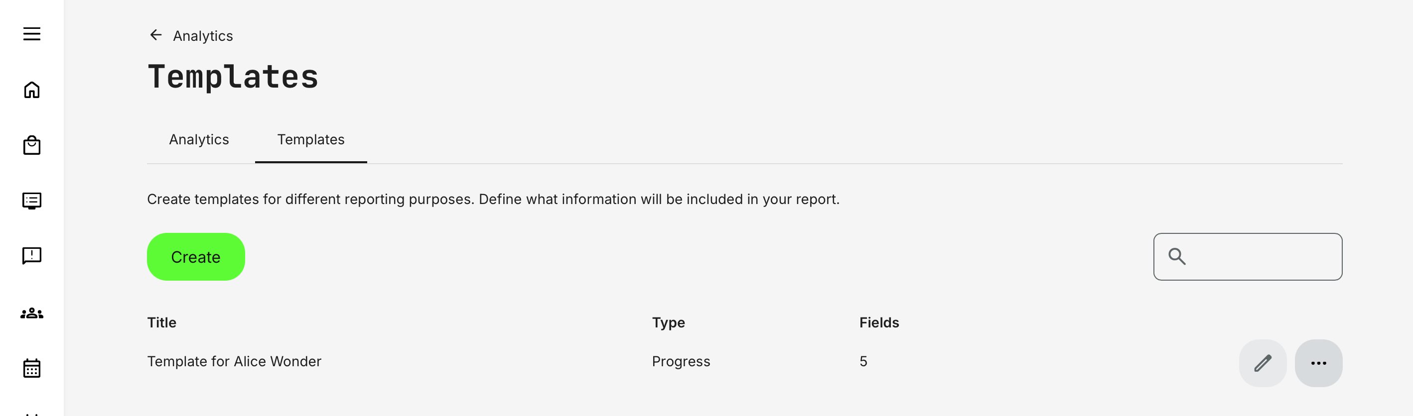 Administrator overview of configured report templates.