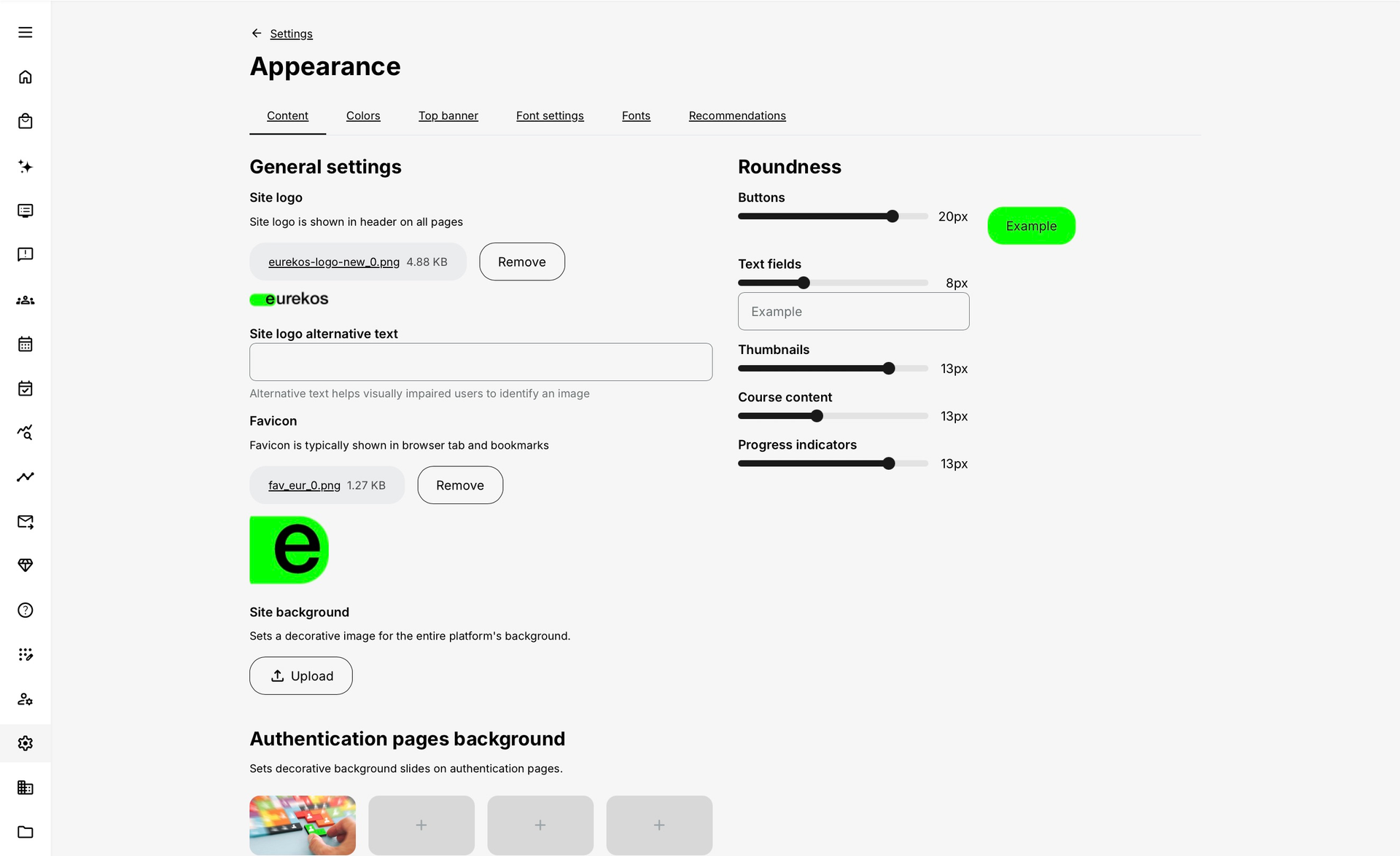 Appearance Content settings show site-logo and background controls, interface roundness and four authentication-background upload positions, with the Appearance tabs and navigation visible.