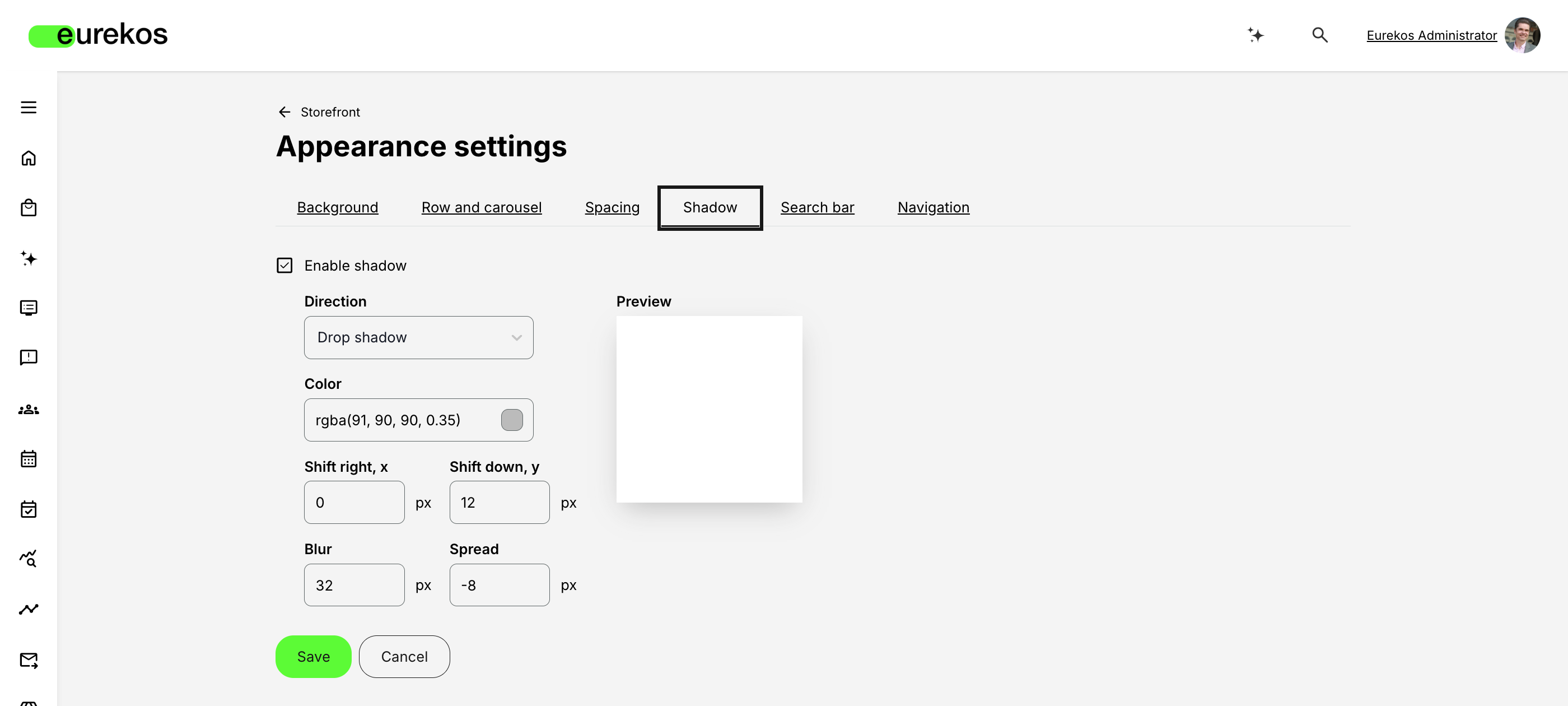 The new Shadow tab lets you set up and fine-tune drop and inner shadows across the Storefront sections — direction, color with transparency, offset, blur, and spread, all with a live preview.