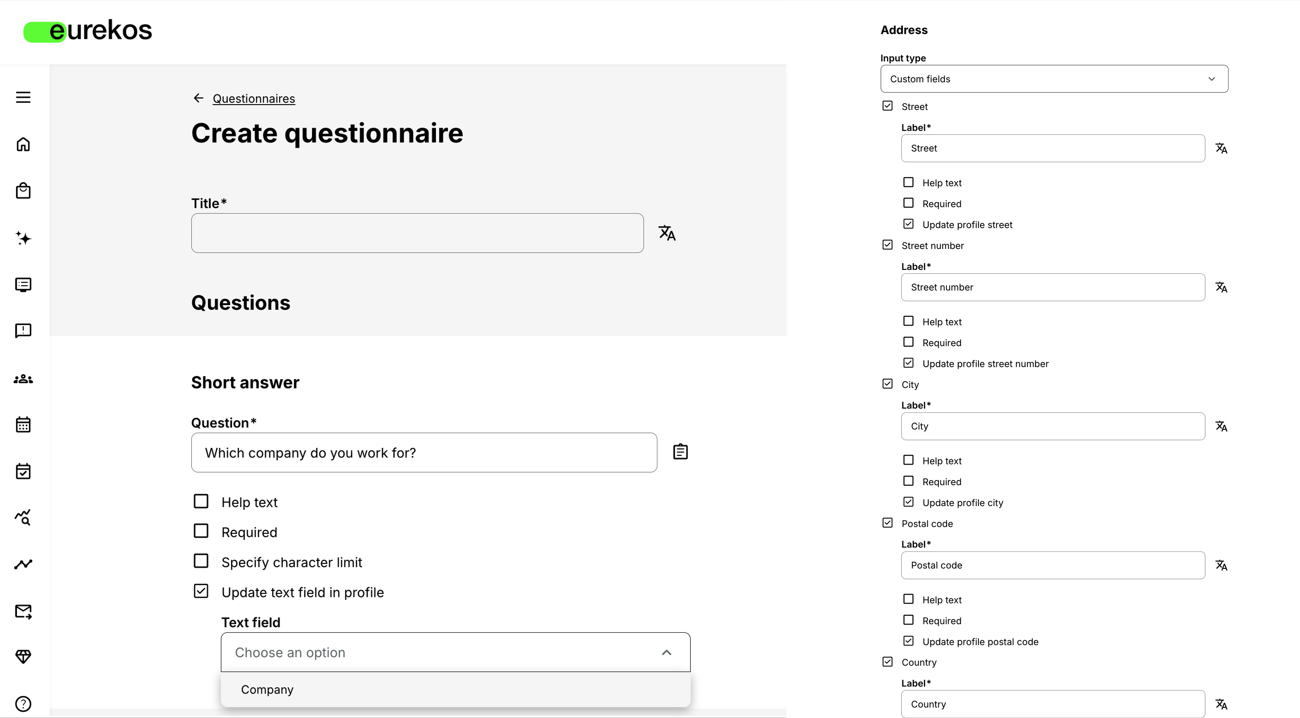 The Address & Short answer question type in the questionnaire builder with Custom fields selected, showing the individual "Update profile" checkboxes for each address sub-field.