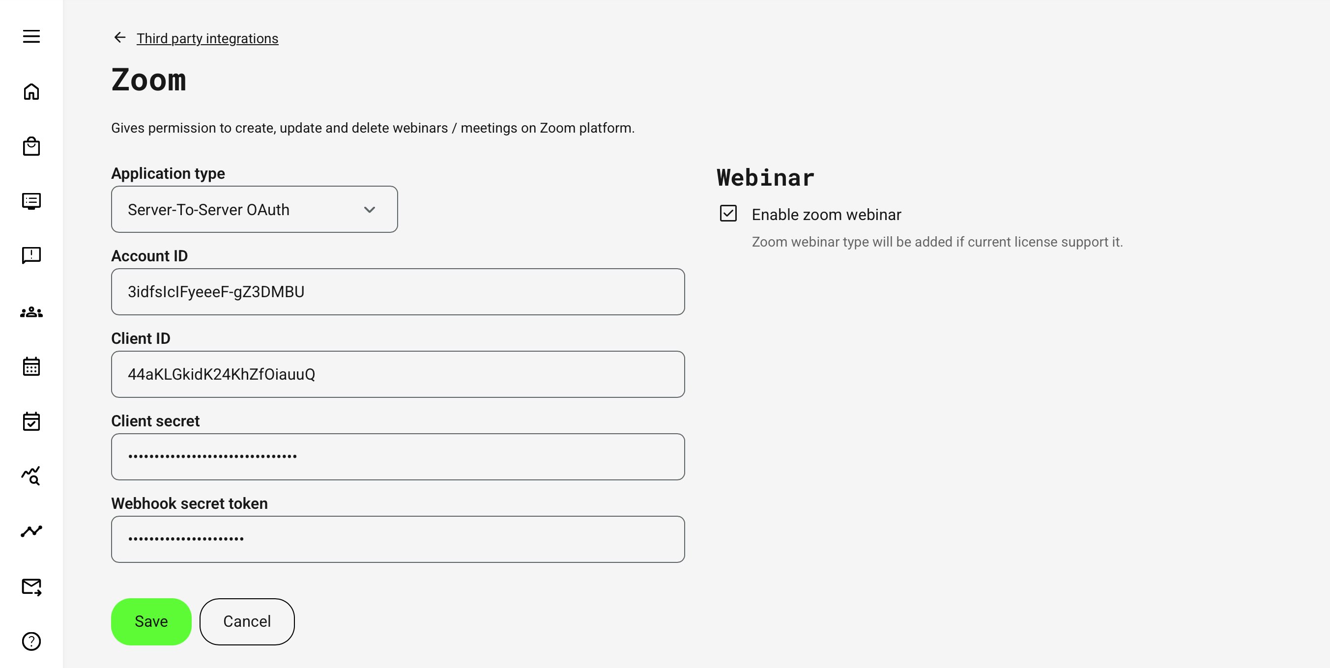 Zoom integration configuration screen in Eurekos, where administrators enter Server-to-Server OAuth credentials (Account ID, Client ID, Client Secret, and Webhook secret token) and enable webinar functionality based on Zoom licensing.