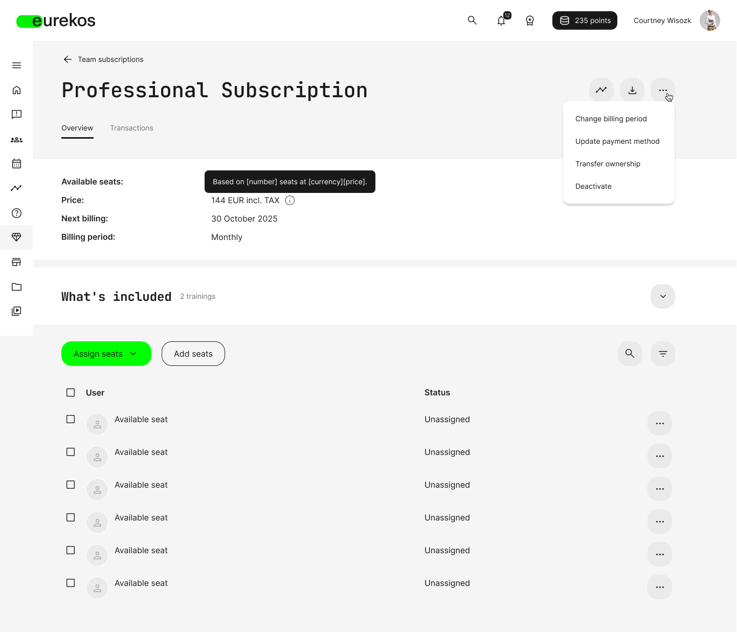 Team Subscription management interface