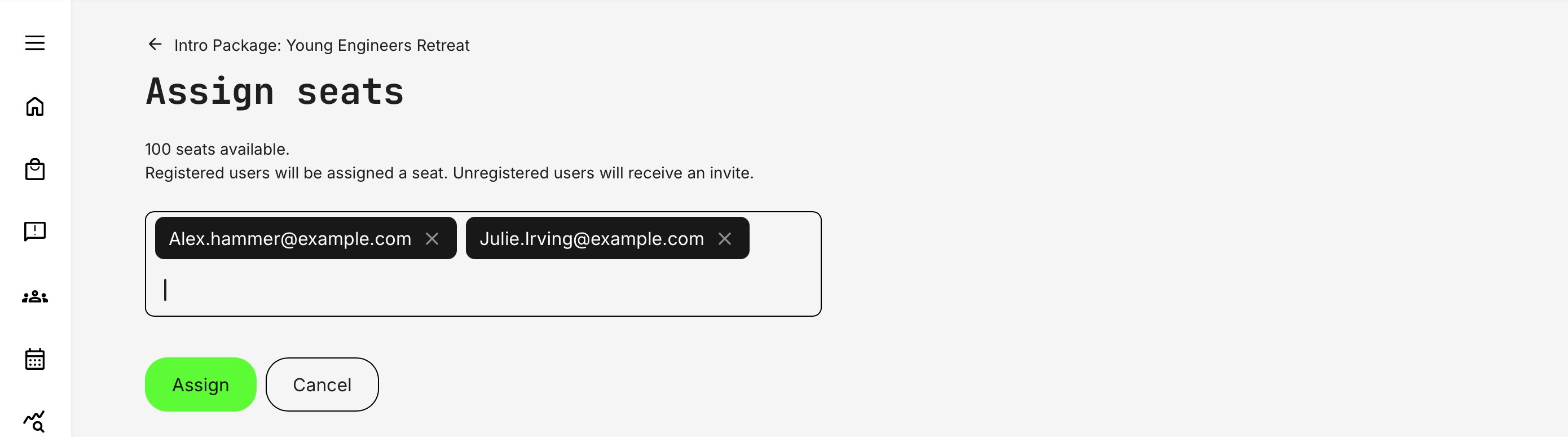Subscription owners can assign available seats by entering email addresses. Registered users receive access immediately, while new users receive an invitation.