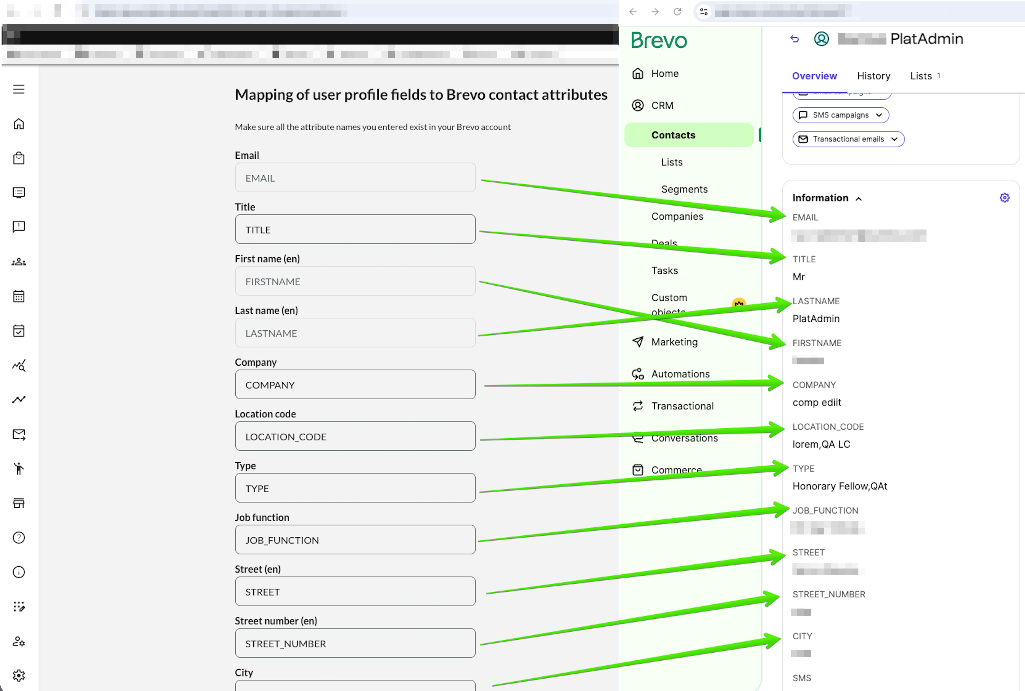 Mapping Eurekos profile fields to Brevo contact attributes.