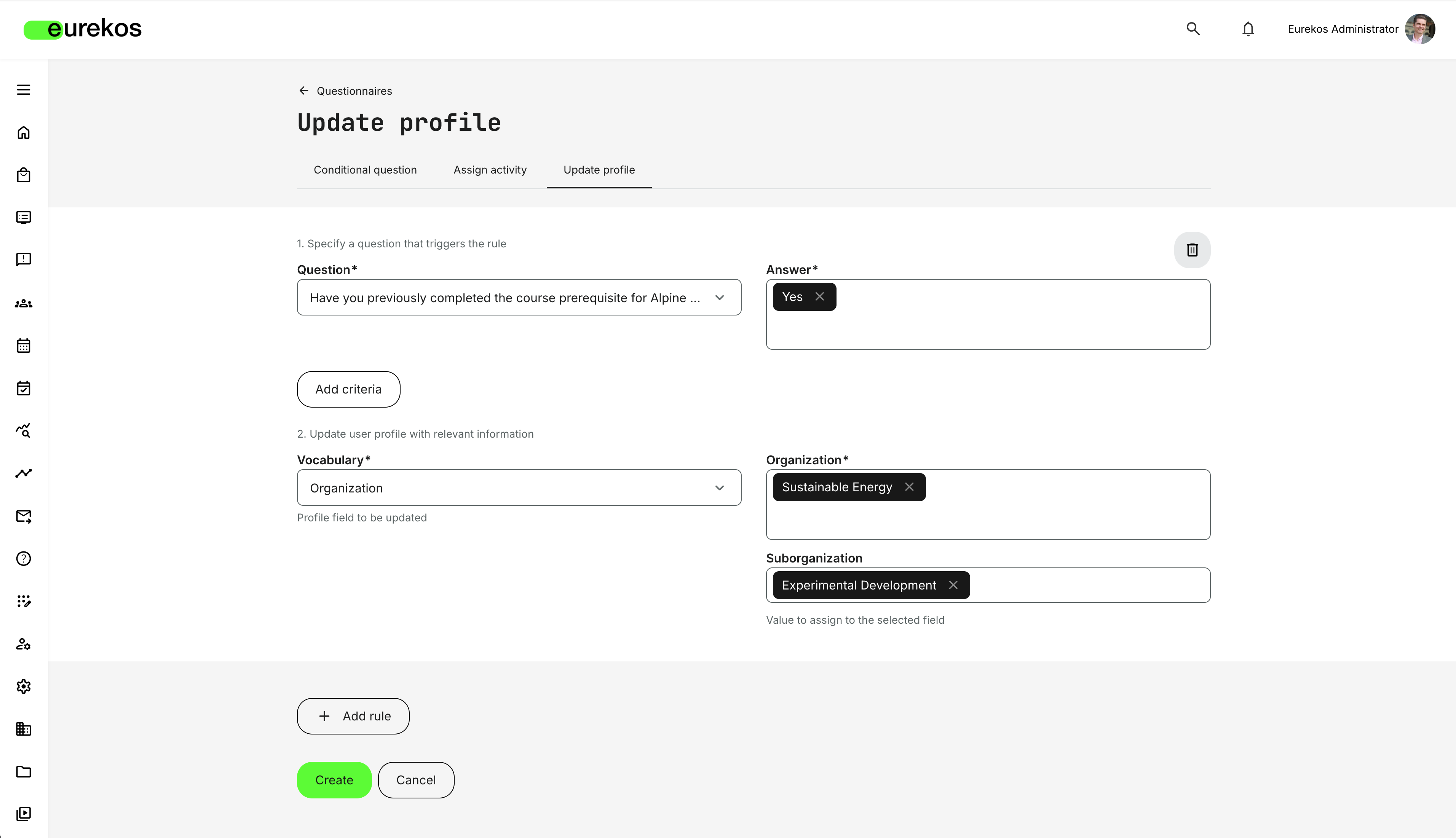 Questionnaire interface to map specific question responses to profile fields