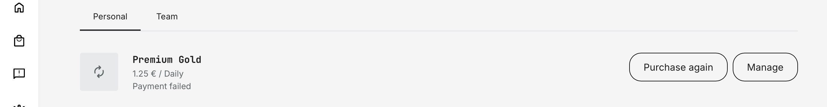 Subscription list view, showing a daily billing setup, which is ideal for testing failed payment scenarios.