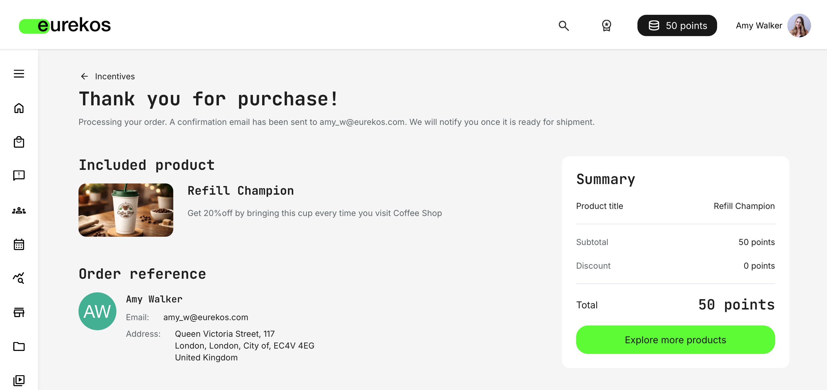 Instant onscreen confirmation upon completion, with the updated point balance immediately reflected in the platform header.