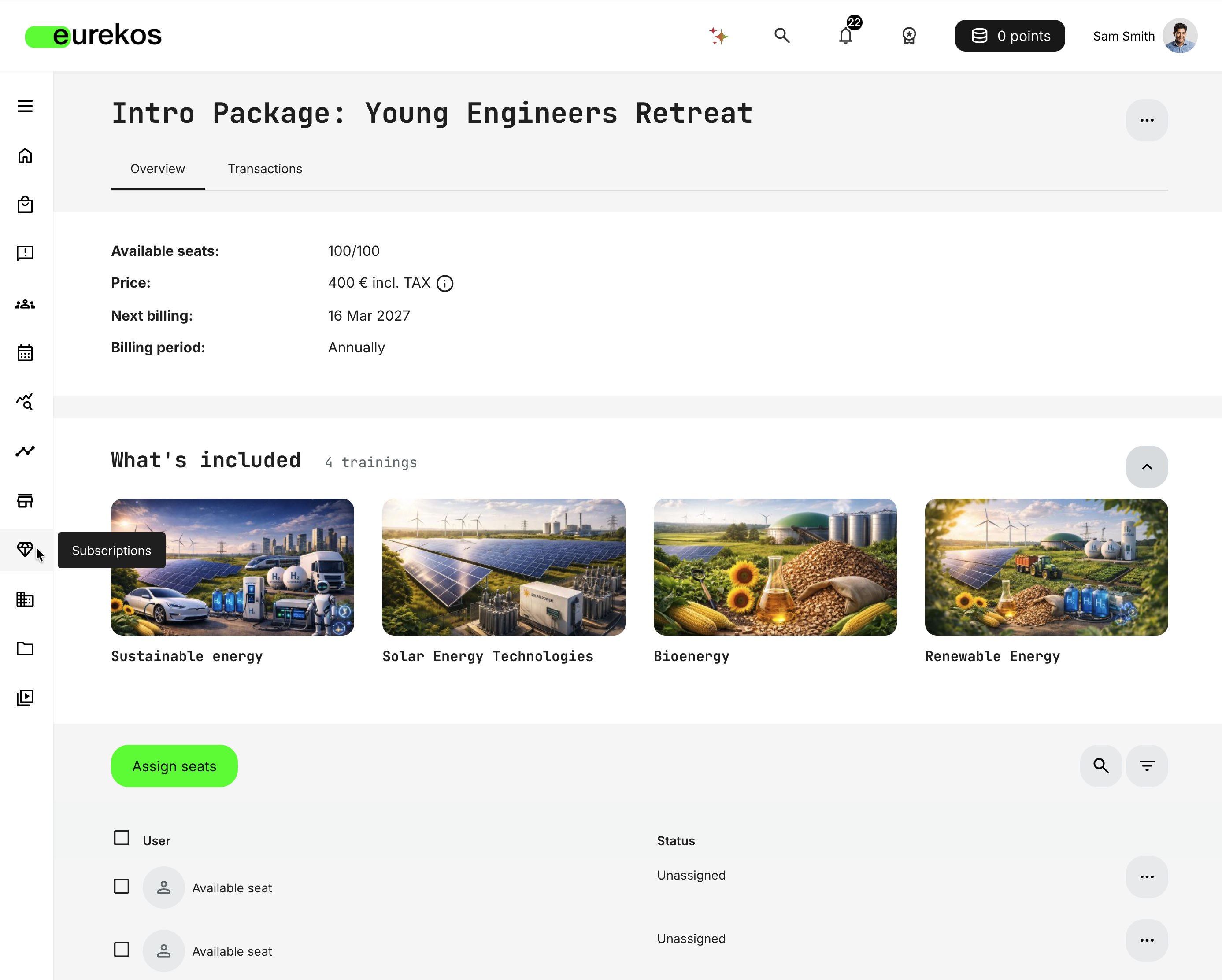 Subscription owner view showing the managed subscription overview, seat availability, billing information, and included learning content.