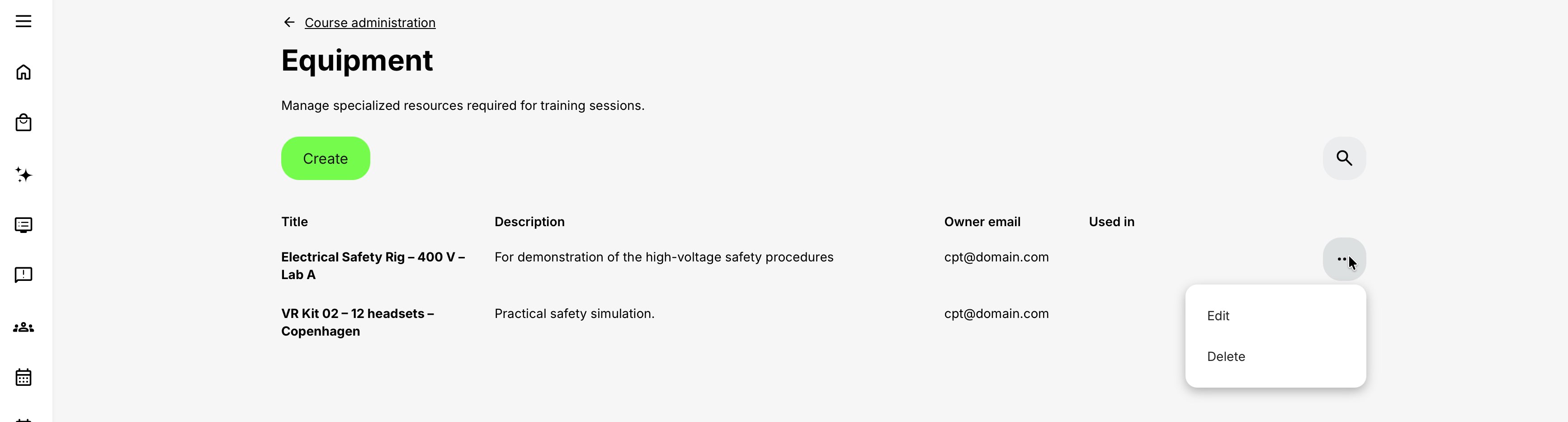 Equipment list overview.