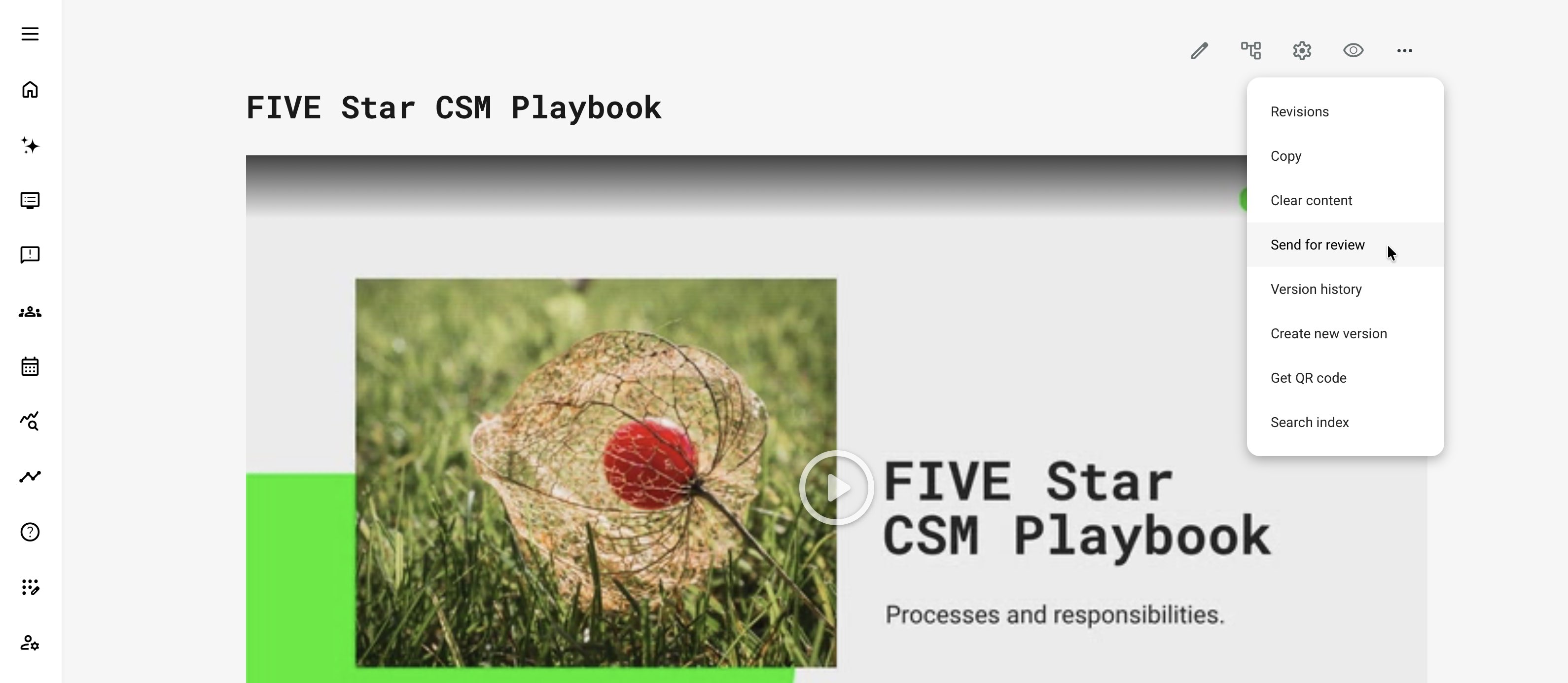 Course page with the More menu open and Send for review selected among the available Course actions.