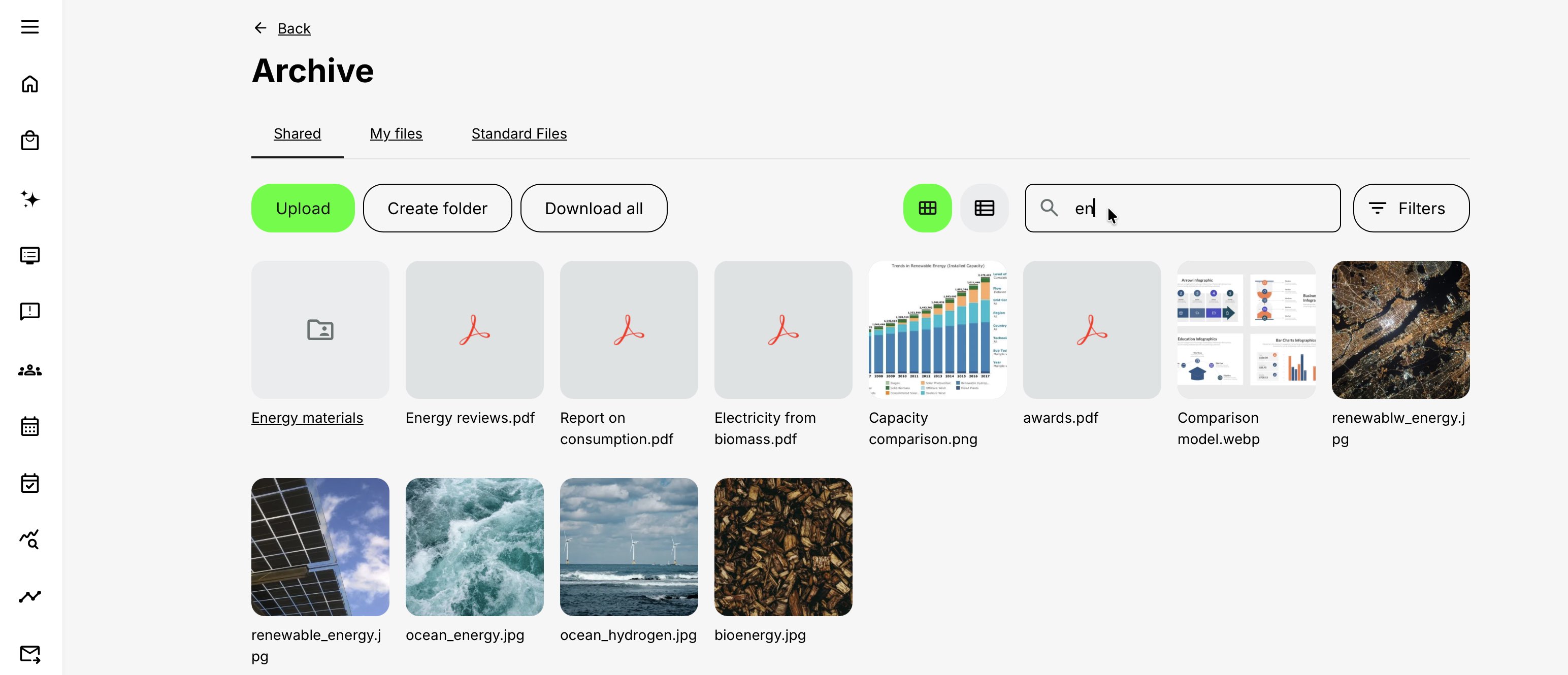 Archive filter panel showing classification, language, file and folder filtering options