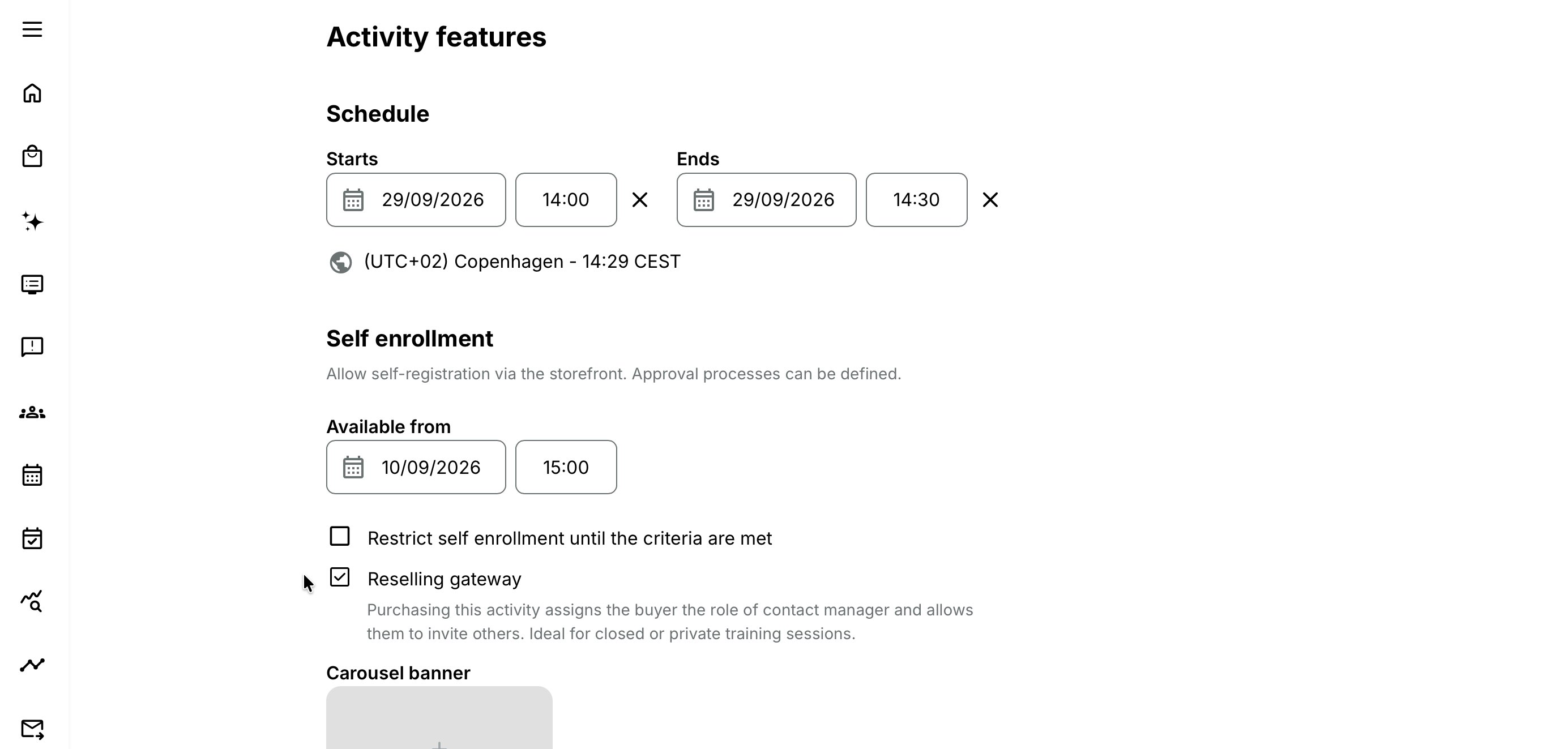 Activity editor showing Self enrollment enabled with the Reselling Gateway option selected beneath it on the original Training Activity.