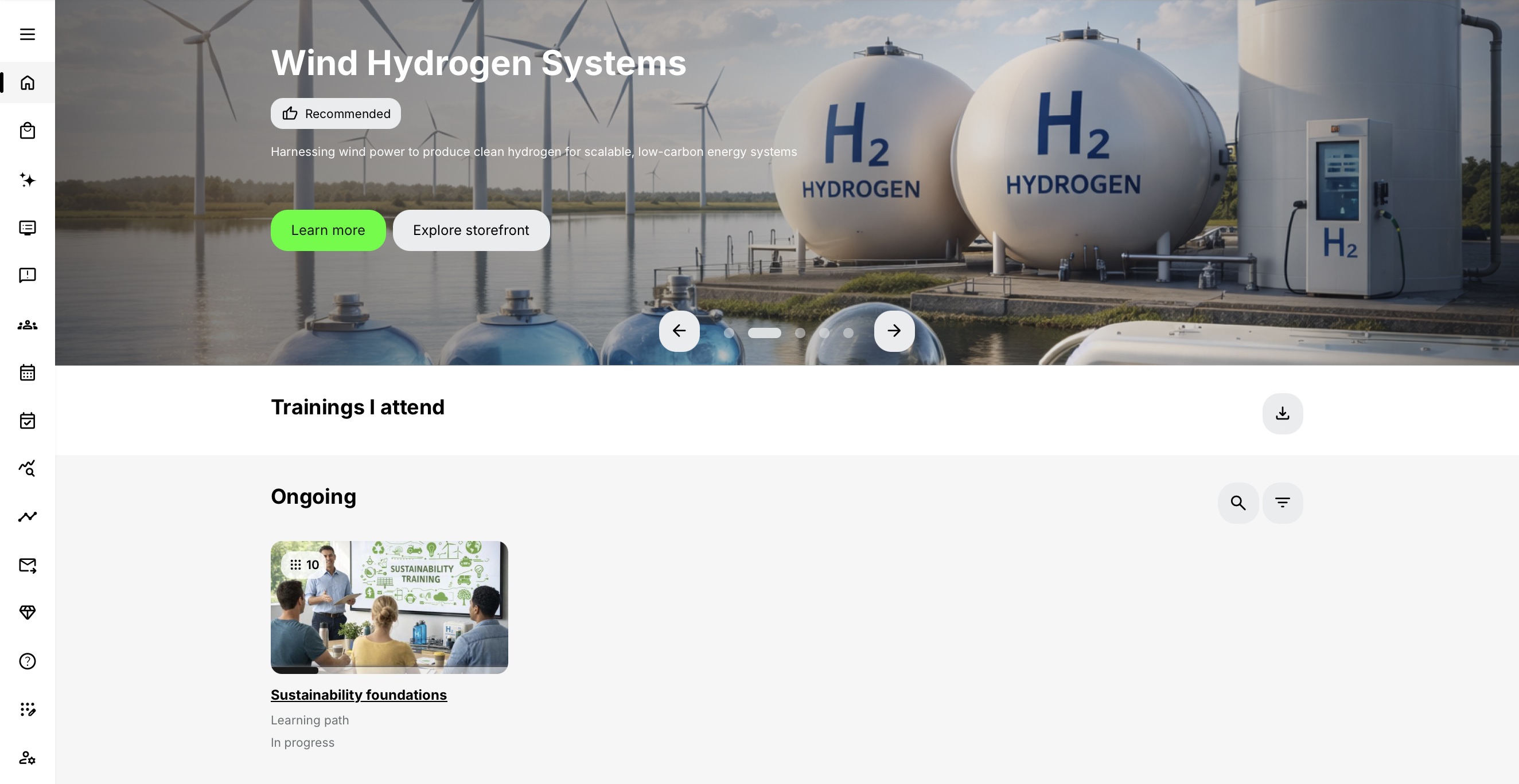 My Overview shows a Wind Hydrogen Systems recommendation above Trainings I attend. The Ongoing group contains Sustainability foundations, an enrolled learning path with a progress indicator and In progress status.