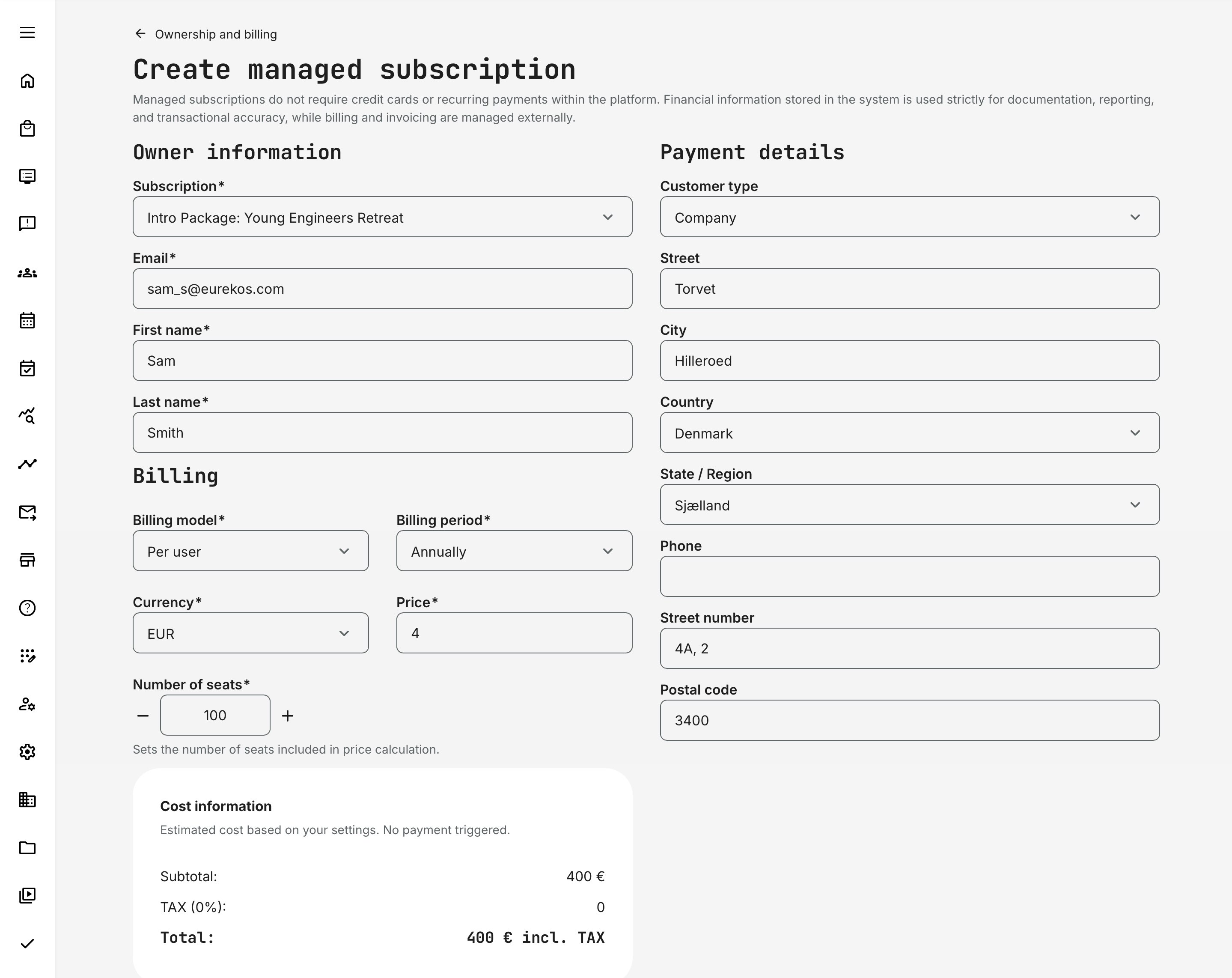 Create managed subscription form showing owner details, billing configuration, seat limits, and customer information used to define the negotiated subscription agreement.