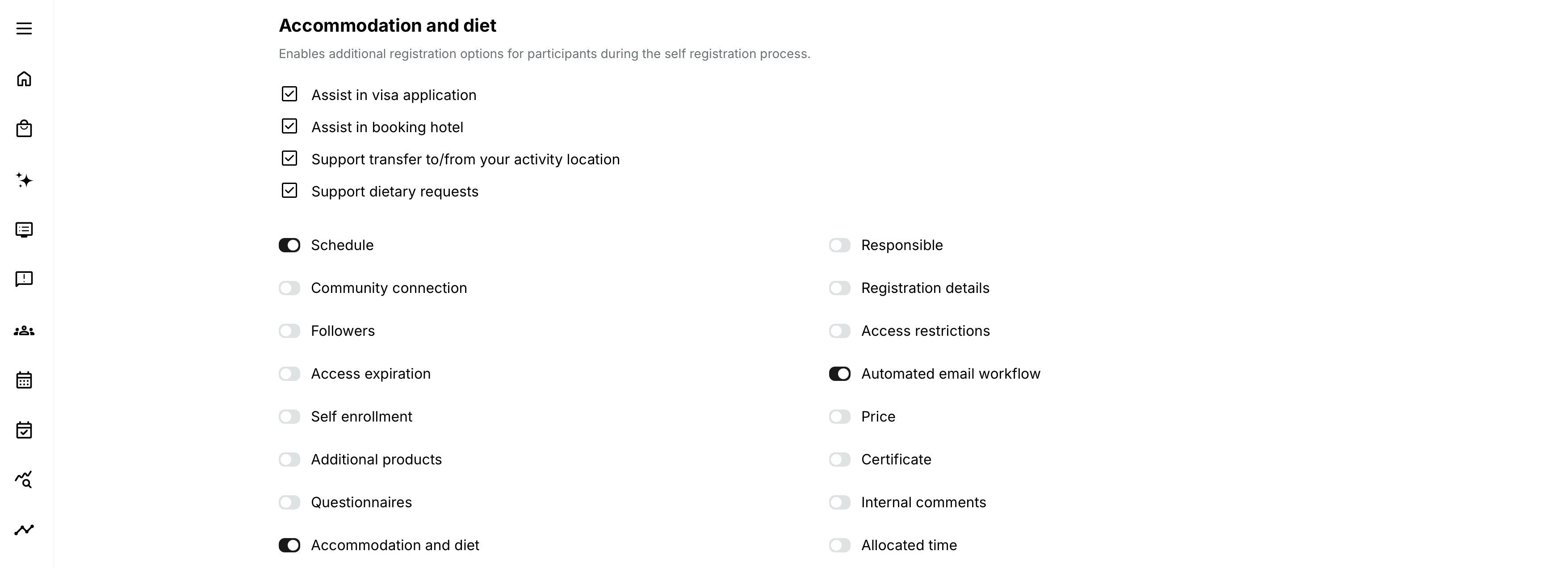 Enable only the predefined assistance options needed for the delivery. Transfer support becomes available when hotel-booking assistance is enabled.