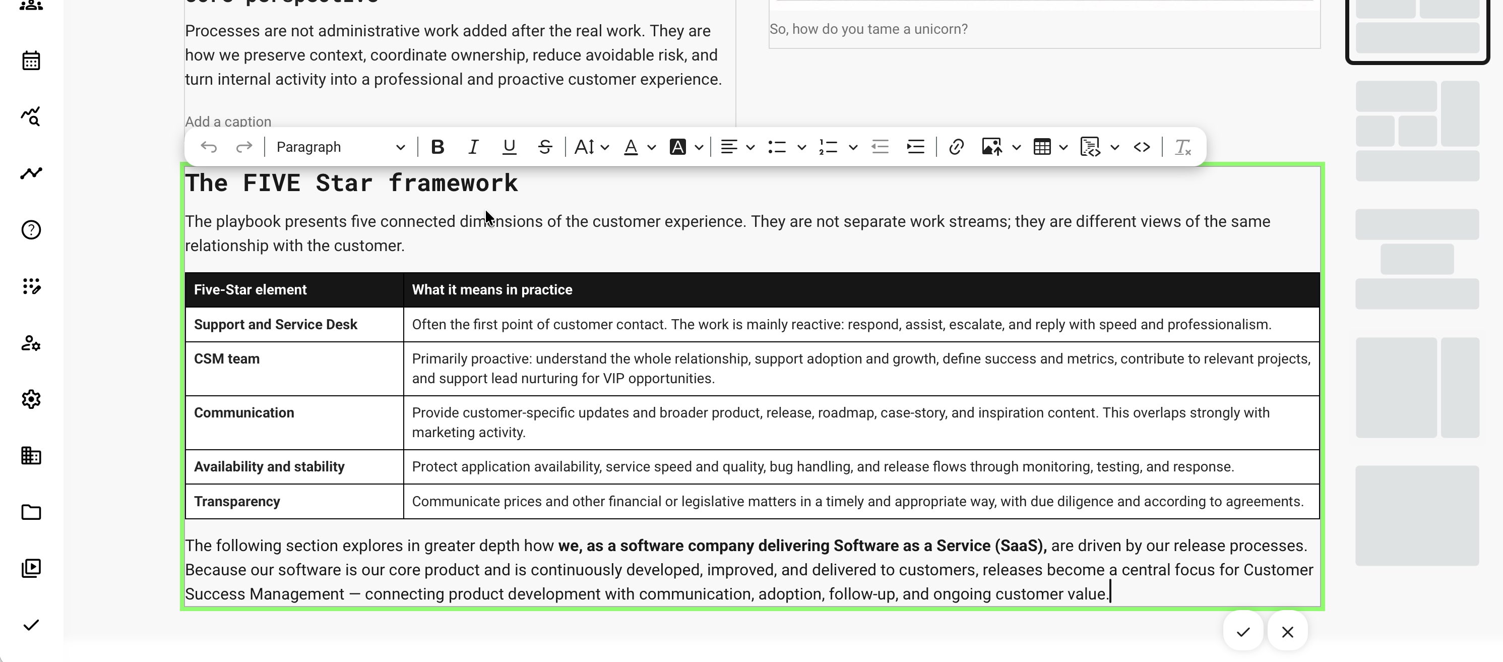 Rich-text editor showing controls for paragraph and heading styles, emphasis, font size and colors, alignment, lists, indentation, links, image insertion, tables, code blocks, inline code, and removing formatting.