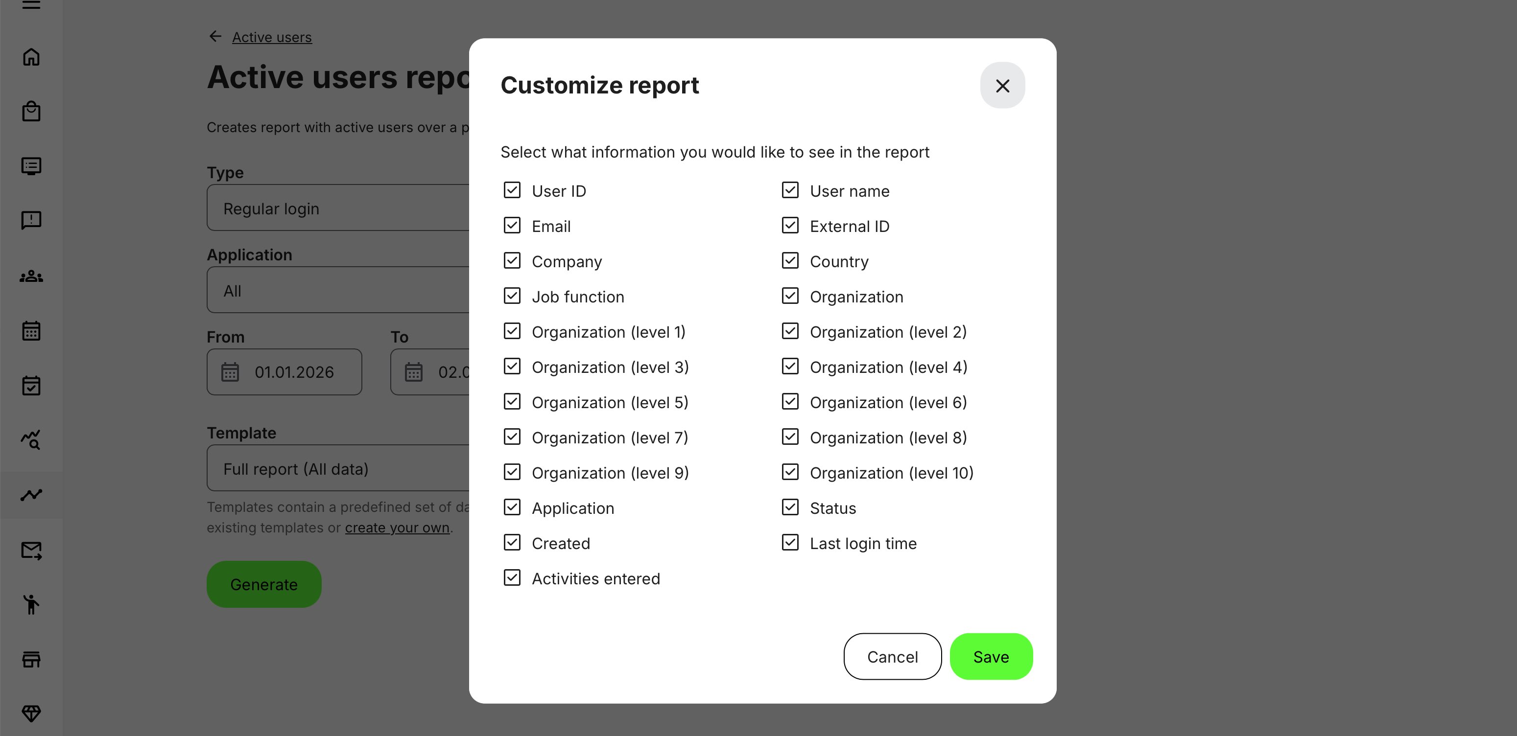 Example: Using report templates or customization options allows you to define exactly which data fields are included for external processing.