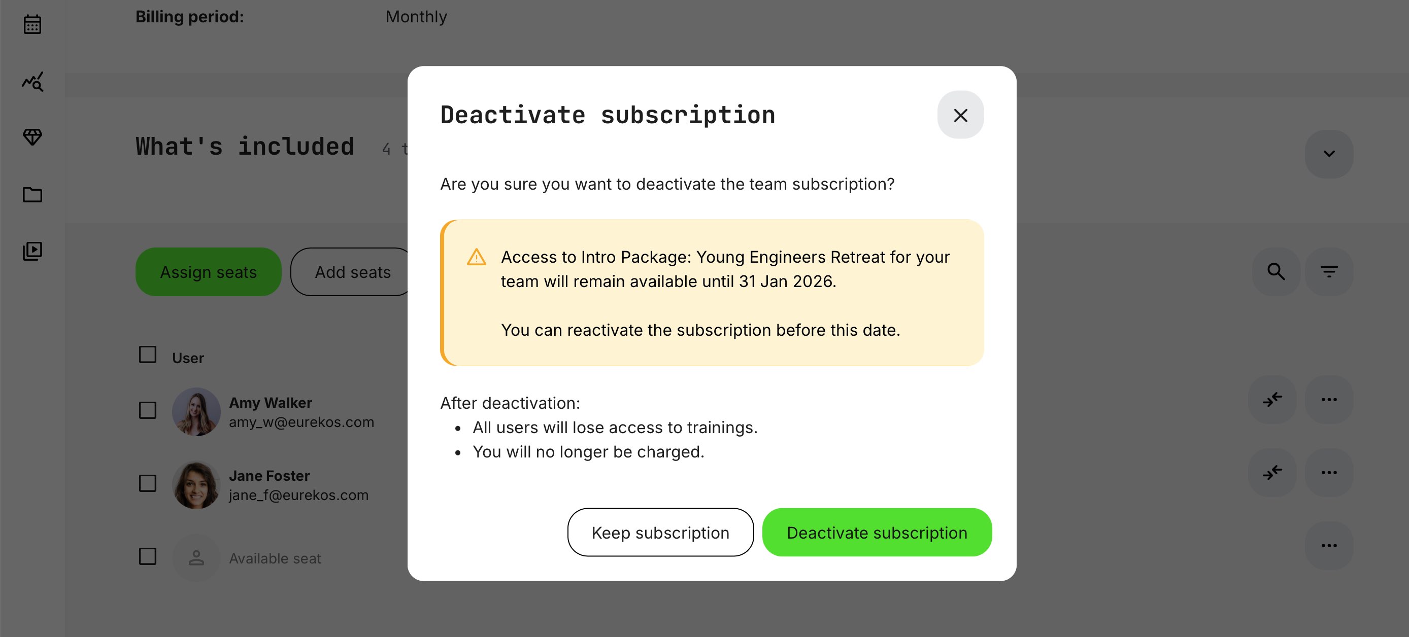 Confirmation is required upon deactivation request.