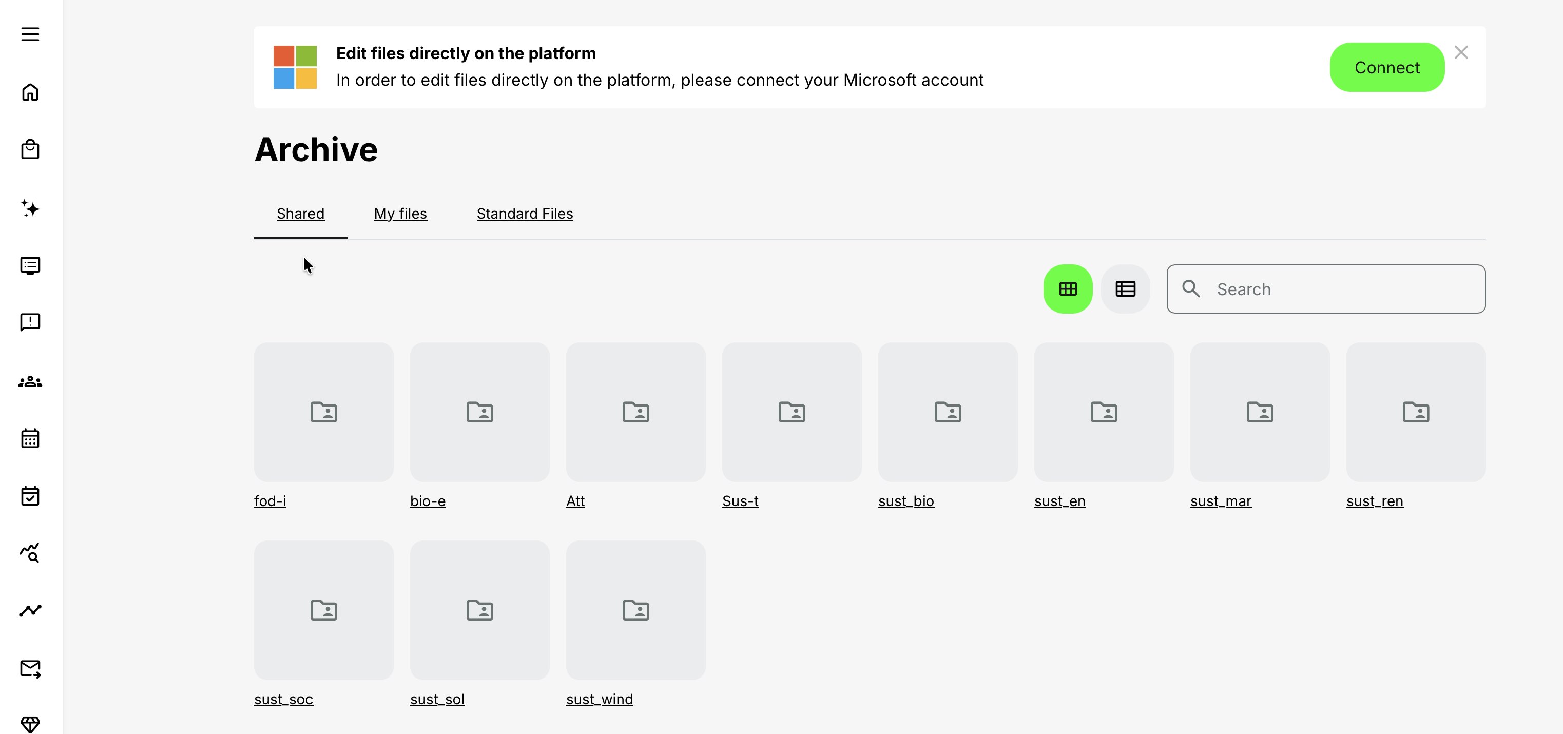 Eurekos Archive showing the Shared, My files and Standard Files tabs with search and view controls