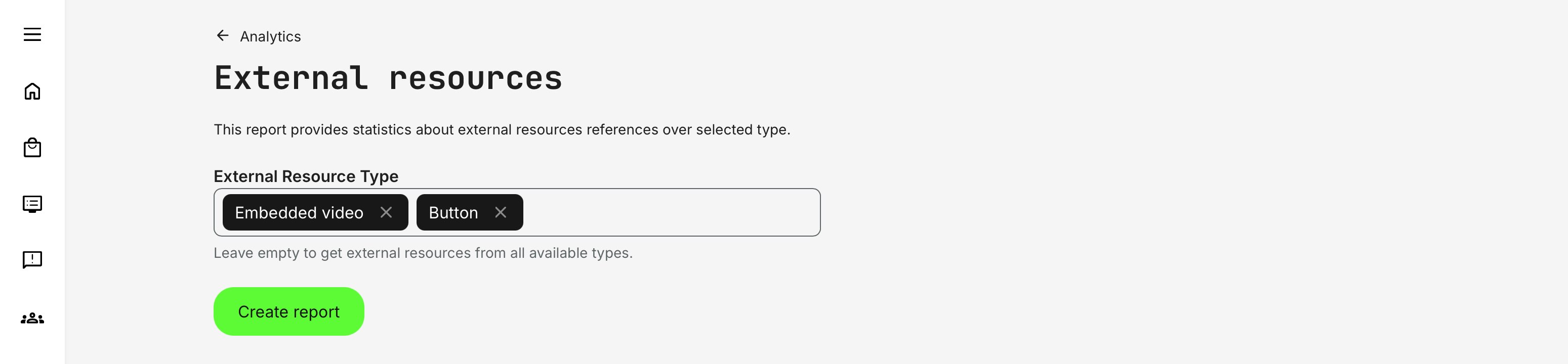 Example showing a report filtered to focus specifically on embedded video and button-based external resources.