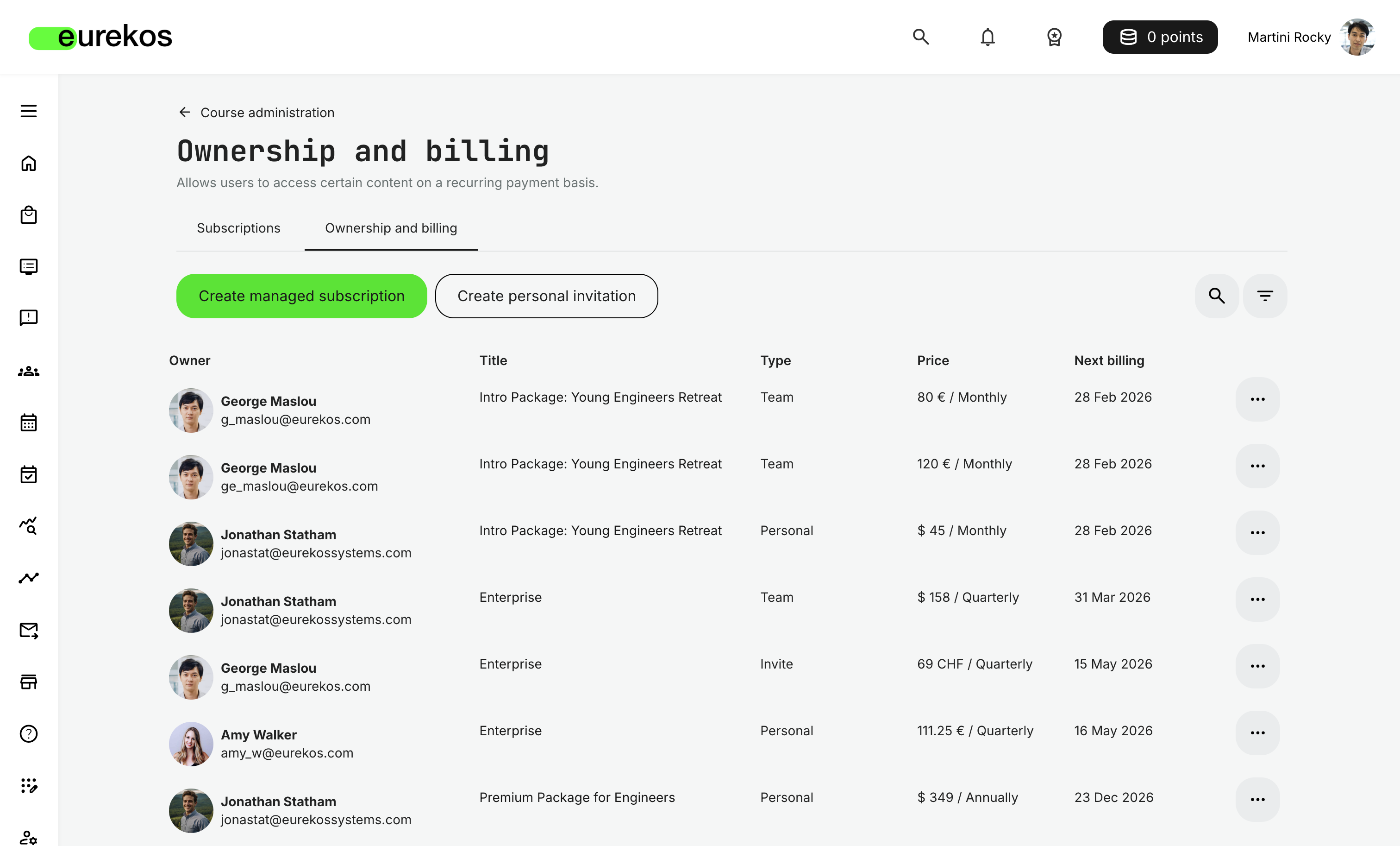 Create Managed Subscriptions via Course Administration → Subscriptions → Ownership and billing