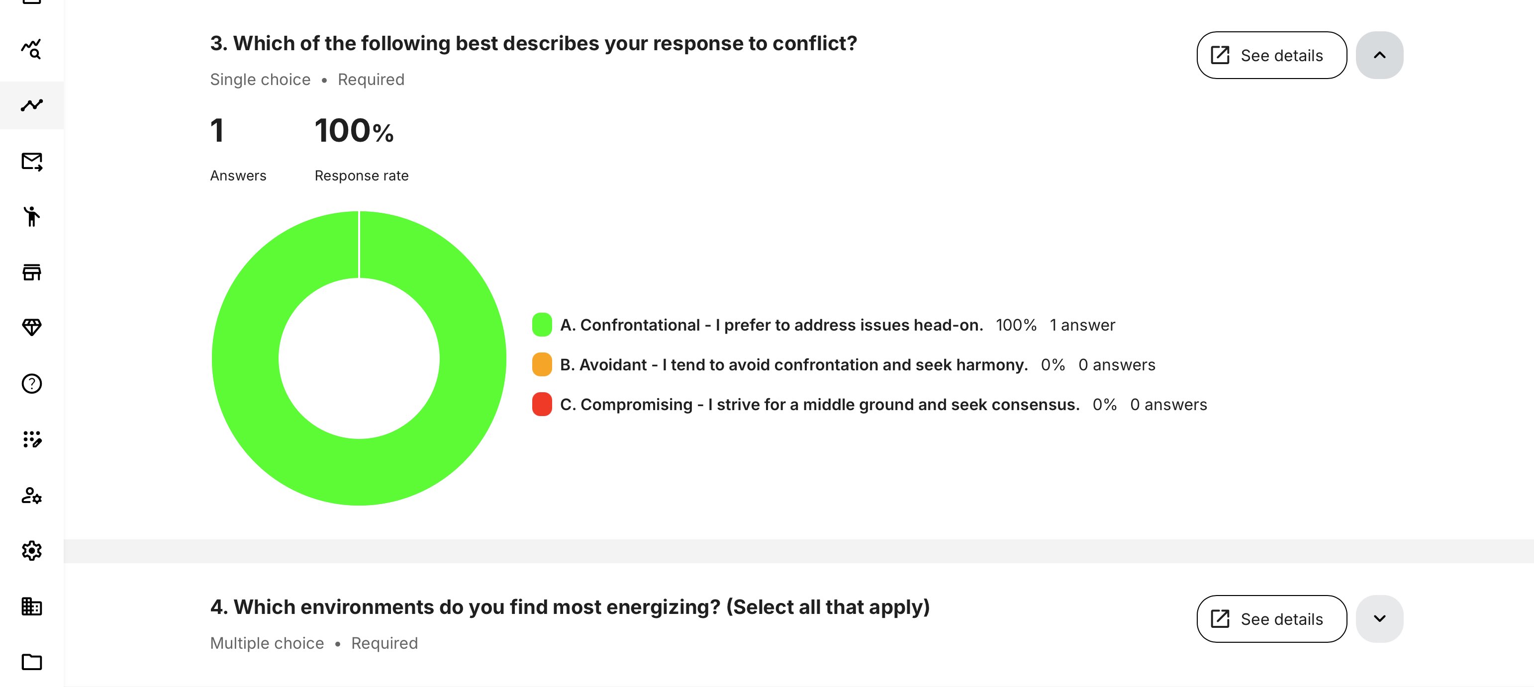 Example illustrating expanded and collapsed reply views when respondent visibility is enabled, with the ability to drill into individual answers per question.