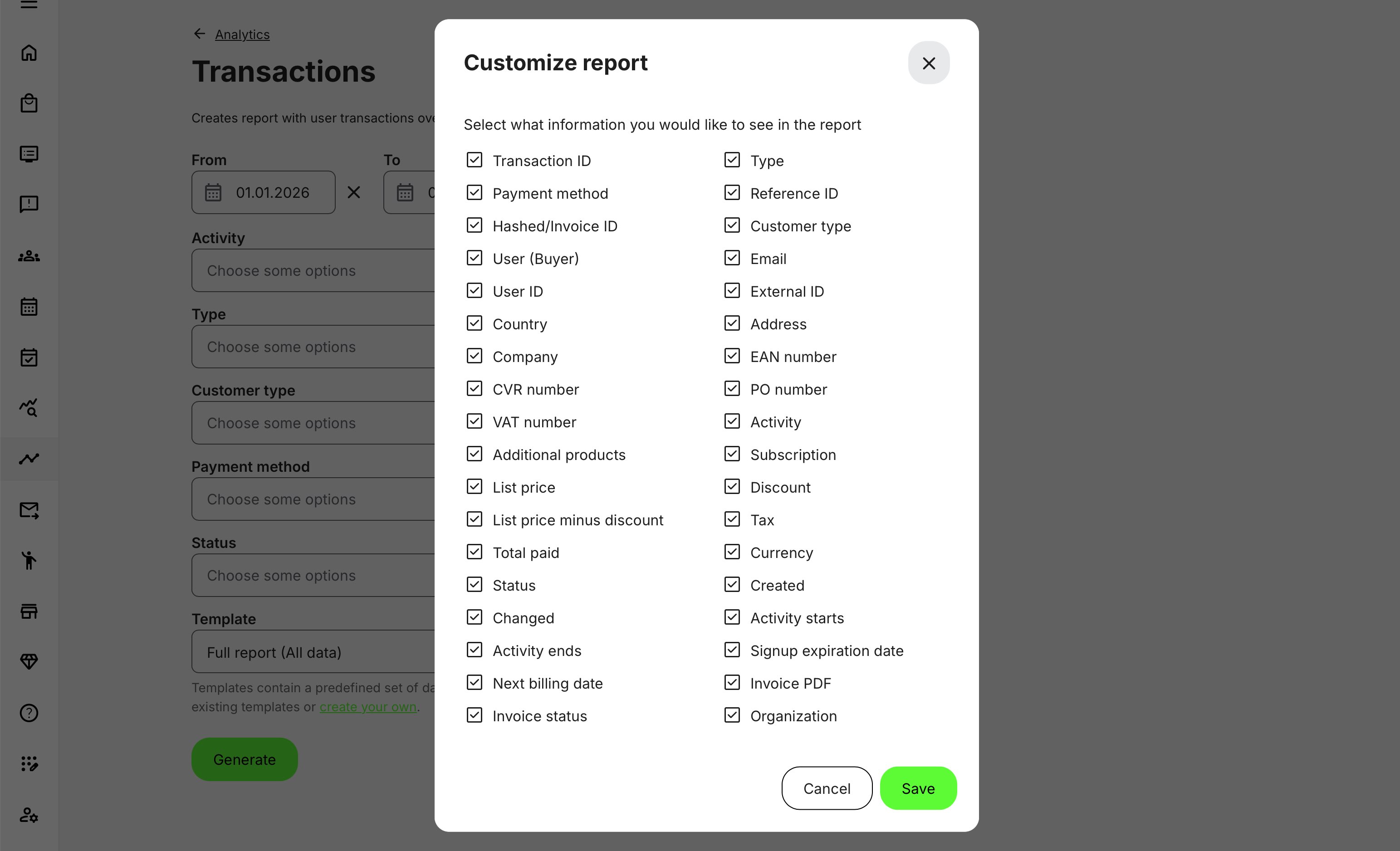 Customized reports allow selection of detailed commercial data fields, with availability depending on platform configuration.