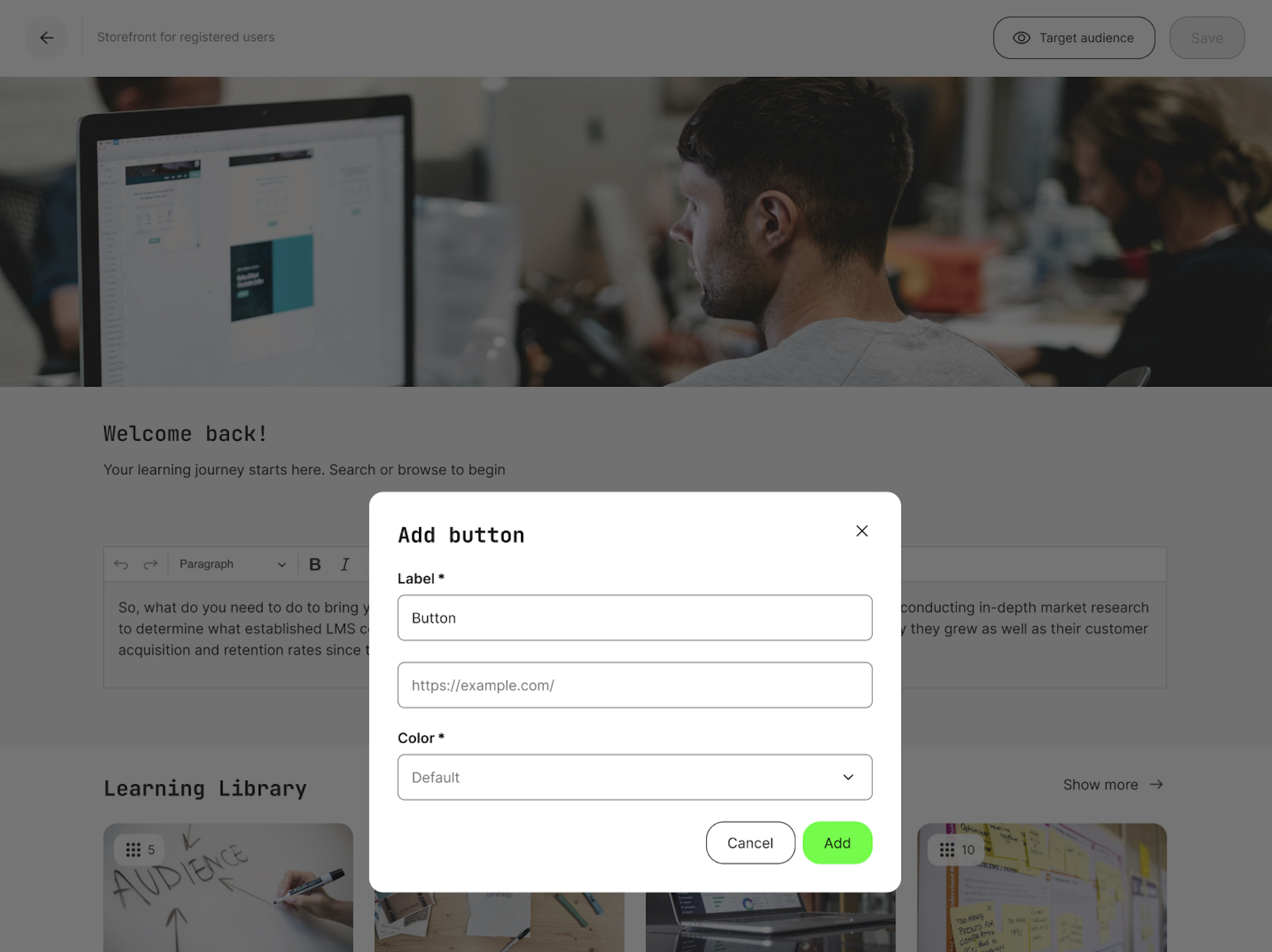 A new button plugin in the Storefront text editor makes it easy to add a styled call-to-action button.