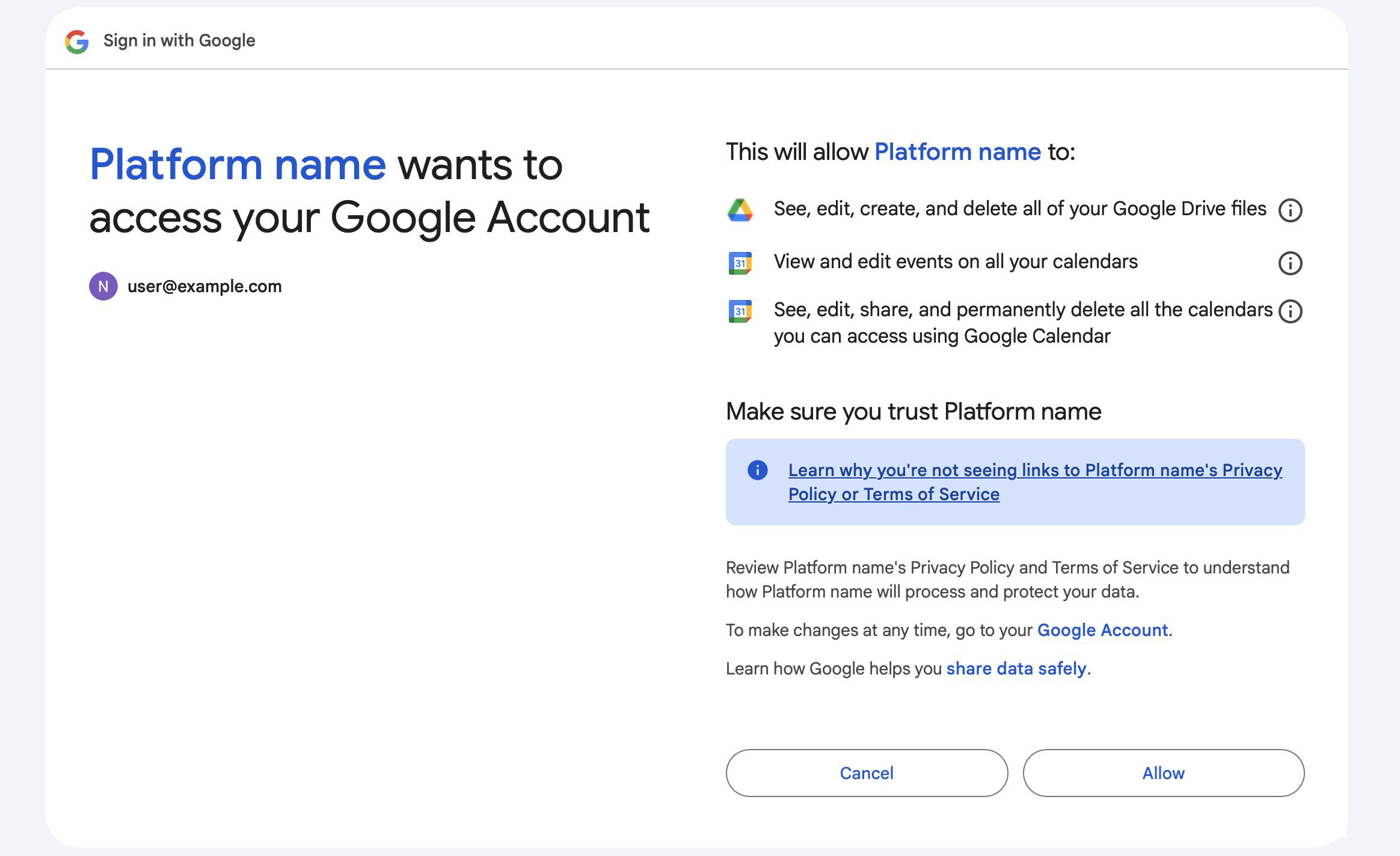 Google permission screen where the user grants Eurekos access to their account, approving data sharing and enabling services such as calendar synchronization and content integration.