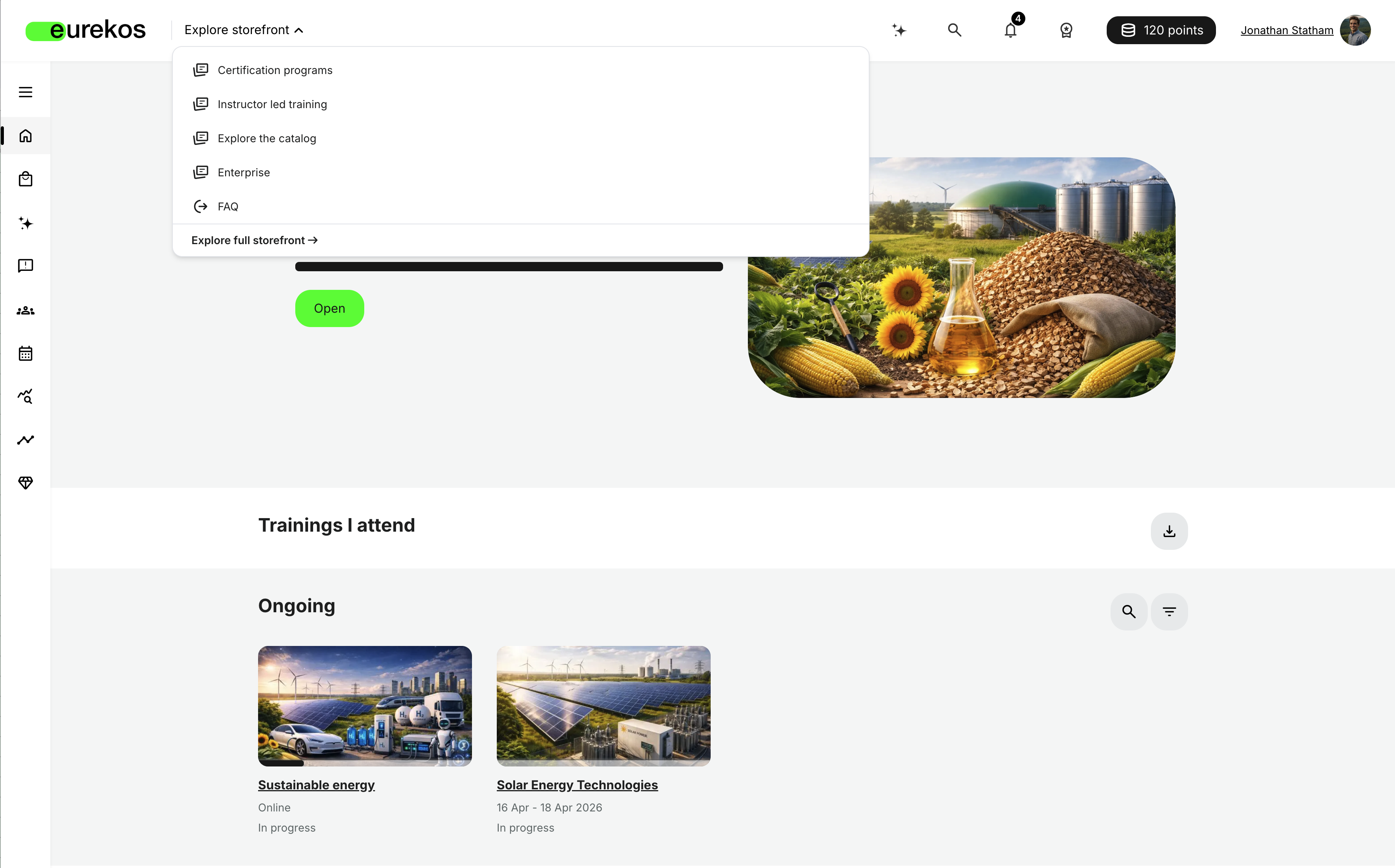 The Explore storefront dropdown gives learners quick, personalized access to key storefront sections and custom links