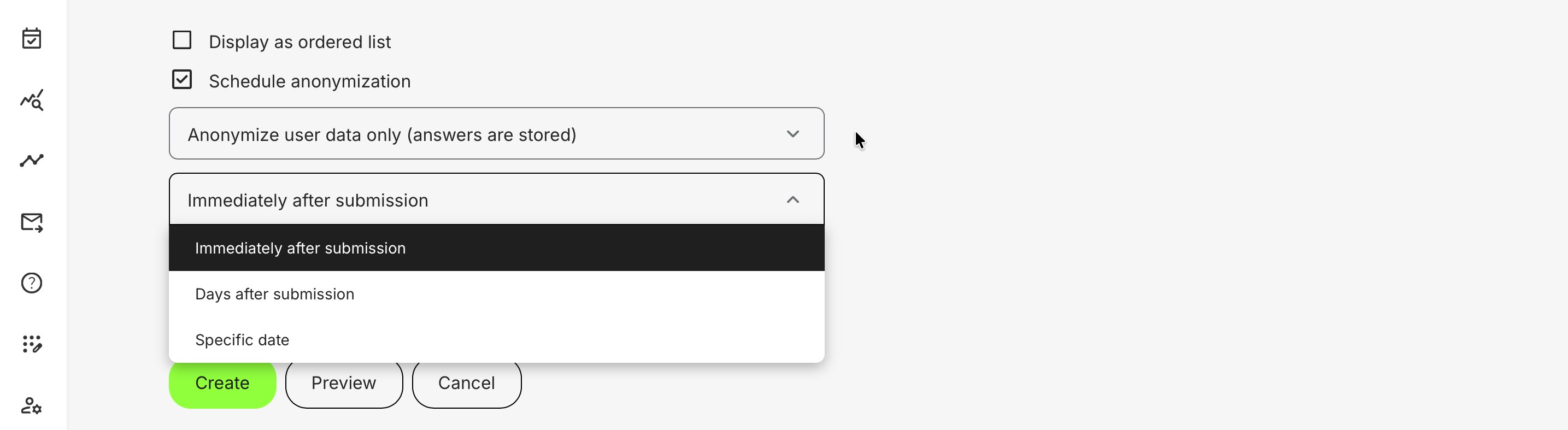 Three options for scheduled anonymization of profile-linked identifiers while feedback is stored for subsequent processing and reporting