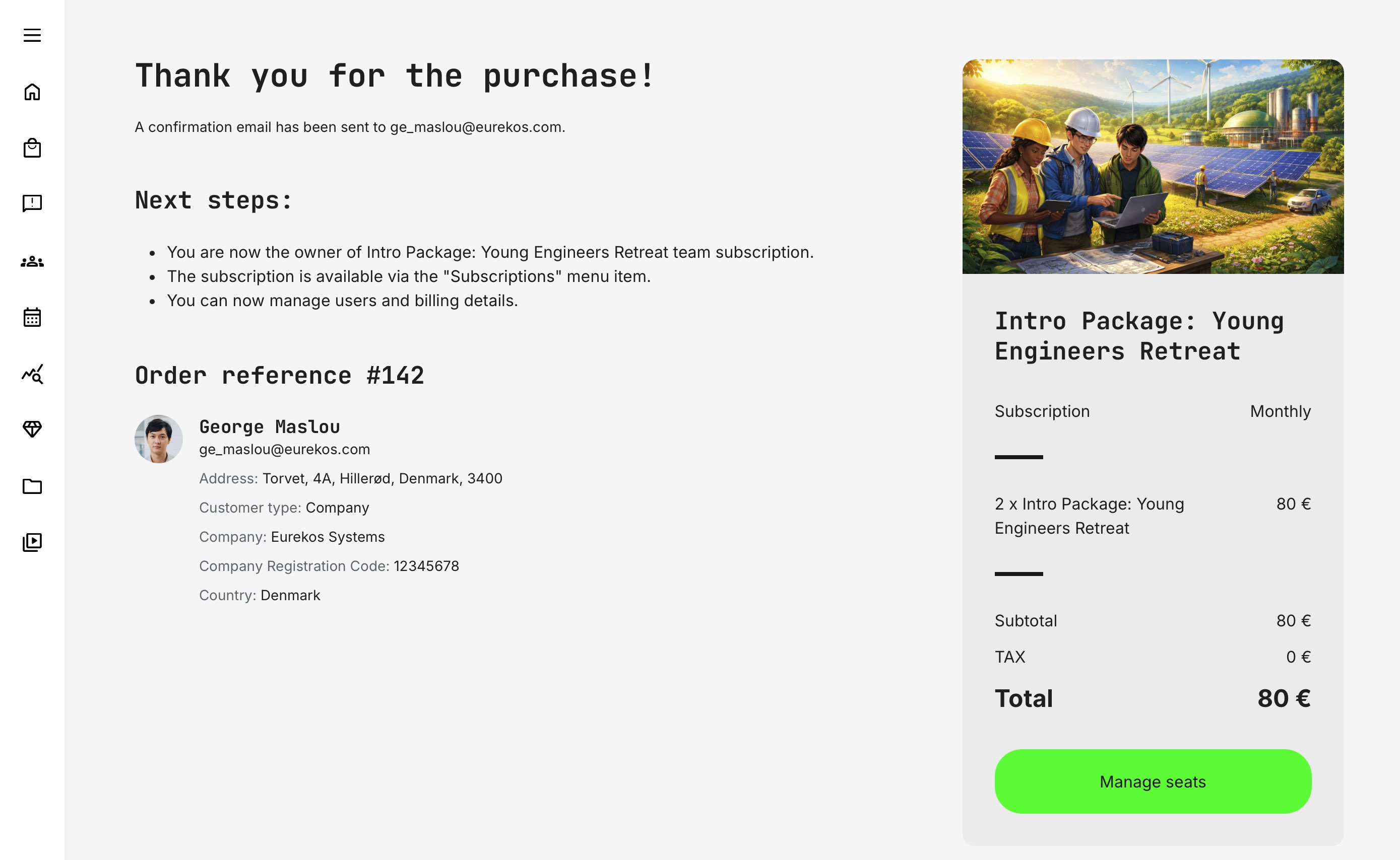 On-screen purchase confirmation with option to immediately manage seats.